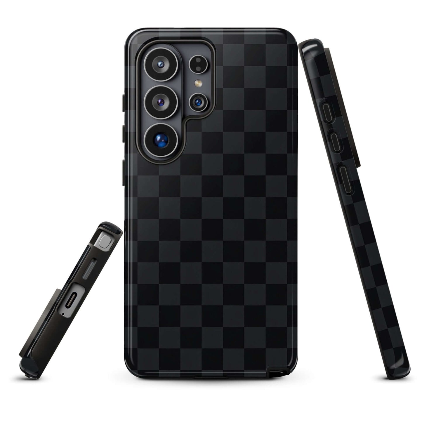 Phone Case for Samsung Galaxy in black and charcoal checkered design, offering sleek protection.