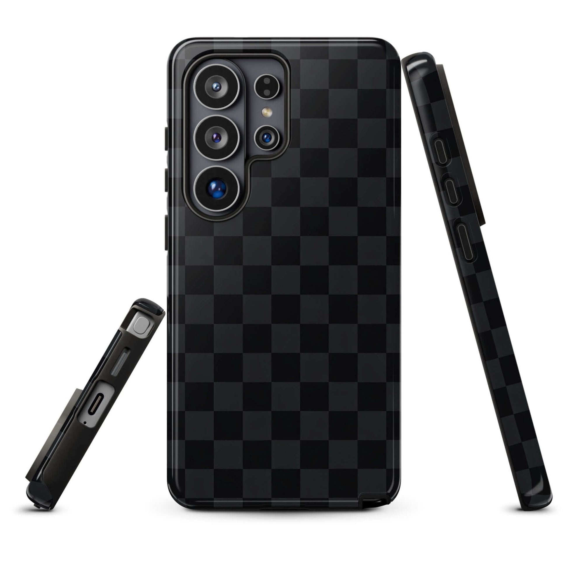 Phone Case for Samsung Galaxy in black and charcoal checkered design, offering sleek protection.