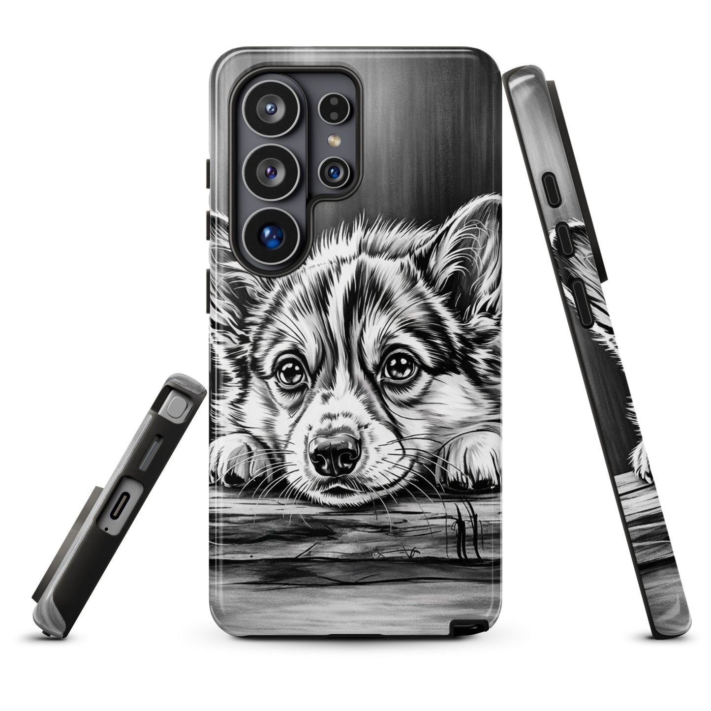Phone Case for Samsung Galaxy with elegant puppy art design showcasing a detailed black-and-white puppy on wood for stylish protection.