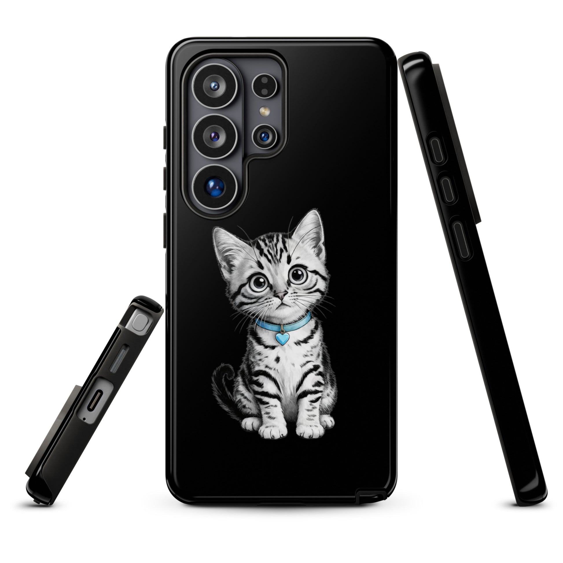 Phone Case for Samsung Galaxy featuring kitten with blue heart charm in elegant black-and-white sketch design.
