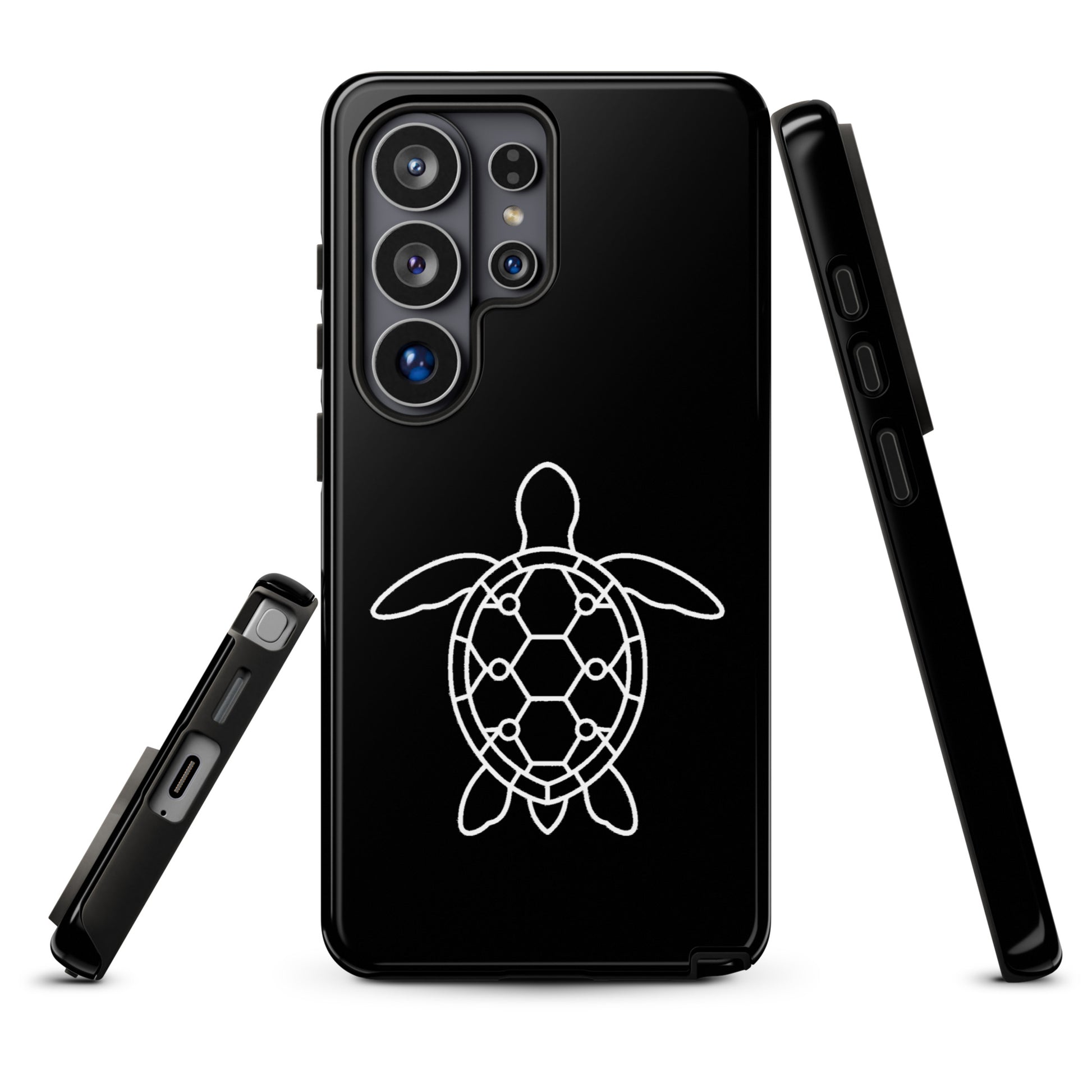 Phone case for Samsung Galaxy featuring minimalist sea turtle silhouette with geometric shell pattern, sleek and modern design.