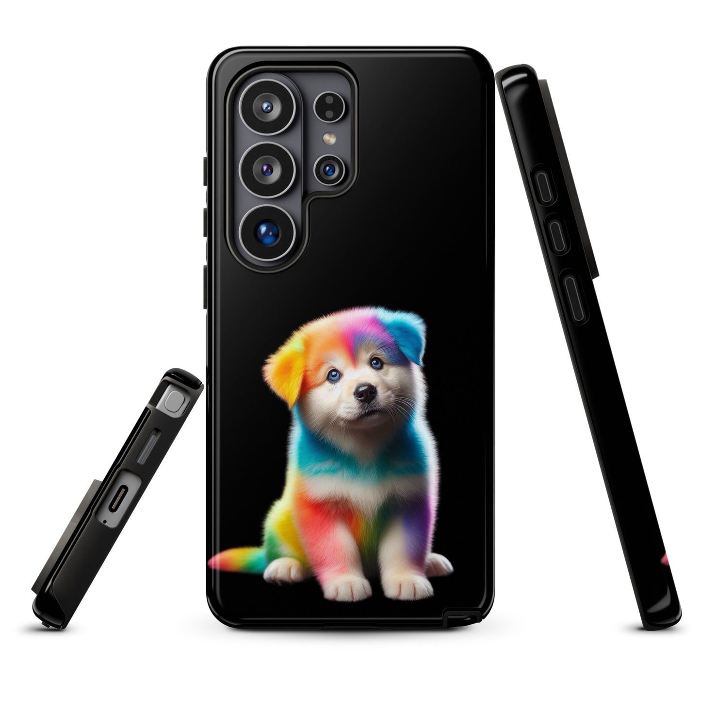 Phone Case for Samsung Galaxy with vibrant rainbow puppy design on a dark night sky background, offering protection and style.