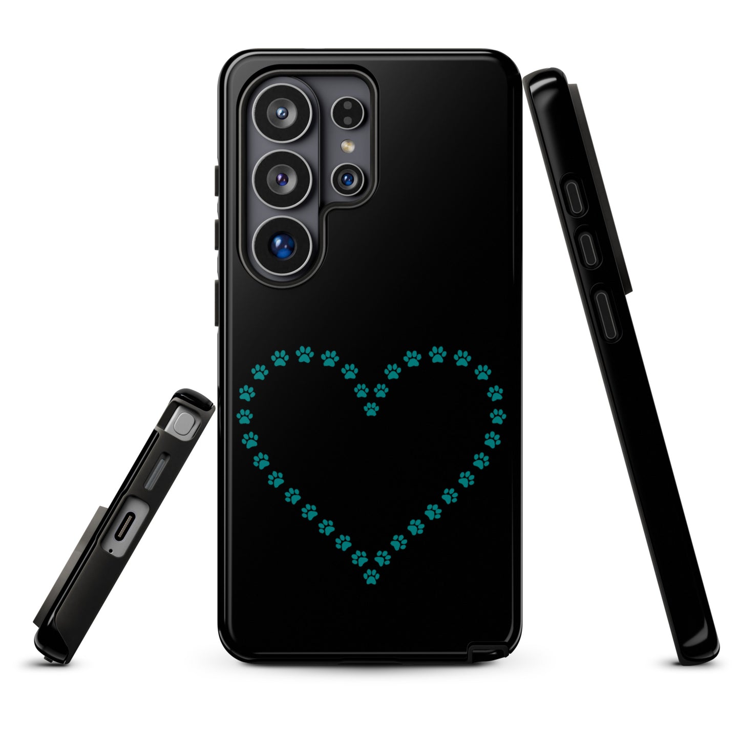 Phone Case for Samsung Galaxy with teal paw print heart design, perfect for pet lovers. Durable, black case for cats and dogs enthusiasts.