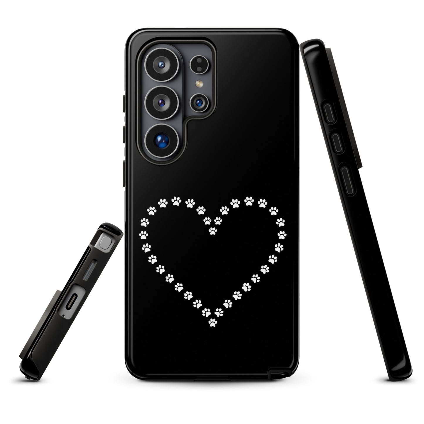 Phone Case for Samsung Galaxy with paw print heart design, perfect for pet lovers. Black and white minimalist animal design, protective case.