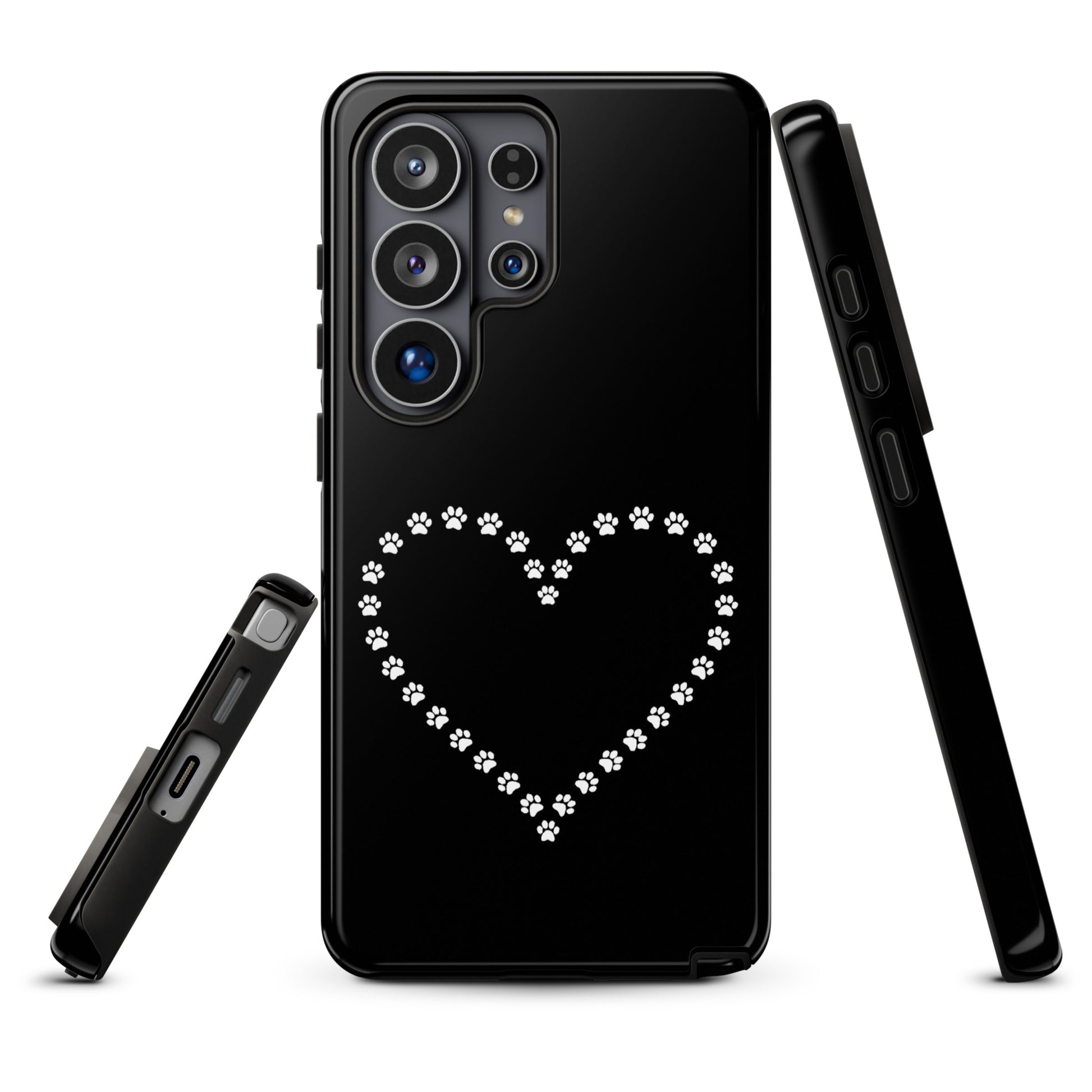 Phone Case for Samsung Galaxy with paw print heart design, perfect for pet lovers. Black and white minimalist animal design, protective case.