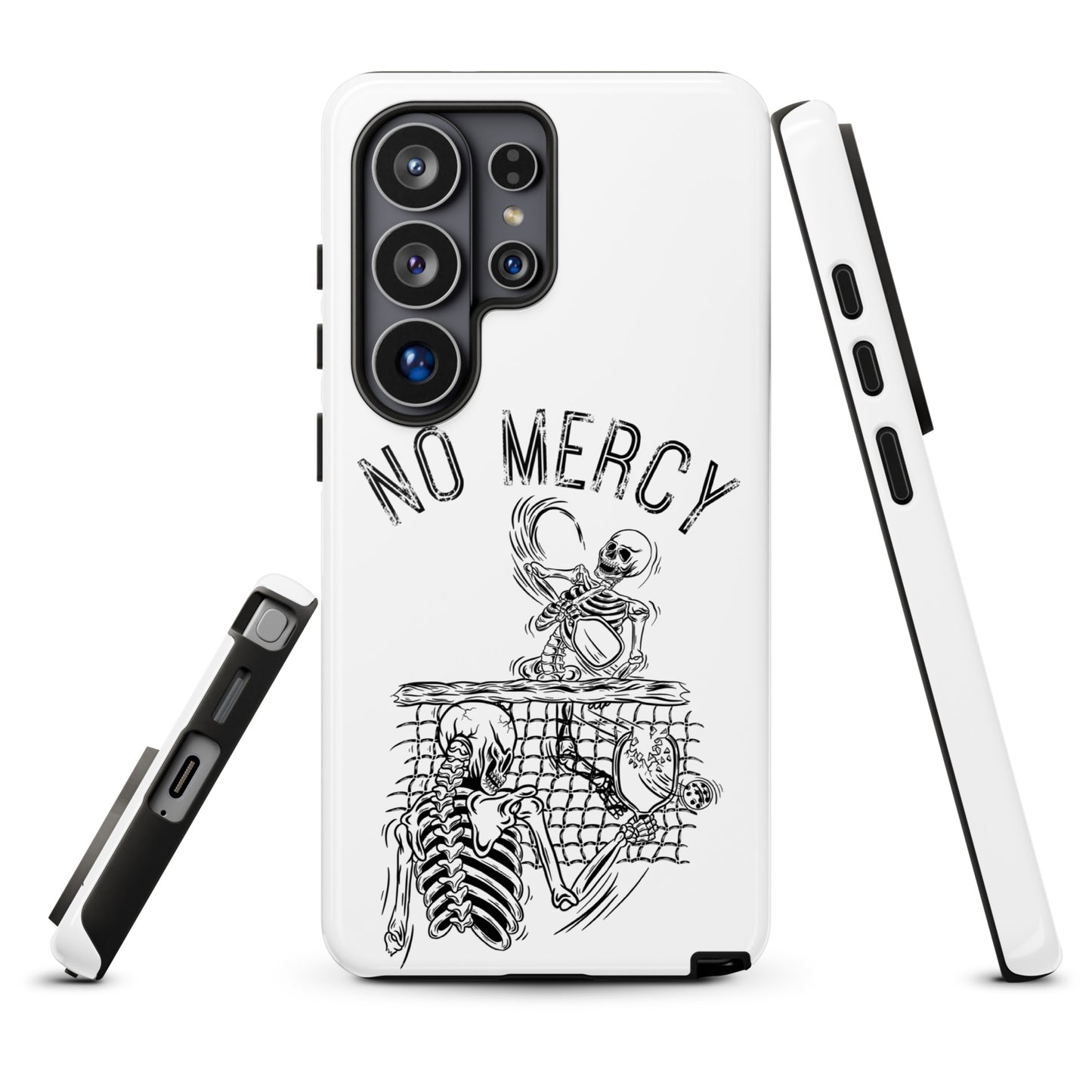 Pickleball Samsung Galaxy case with "No Mercy" skull design for intense players