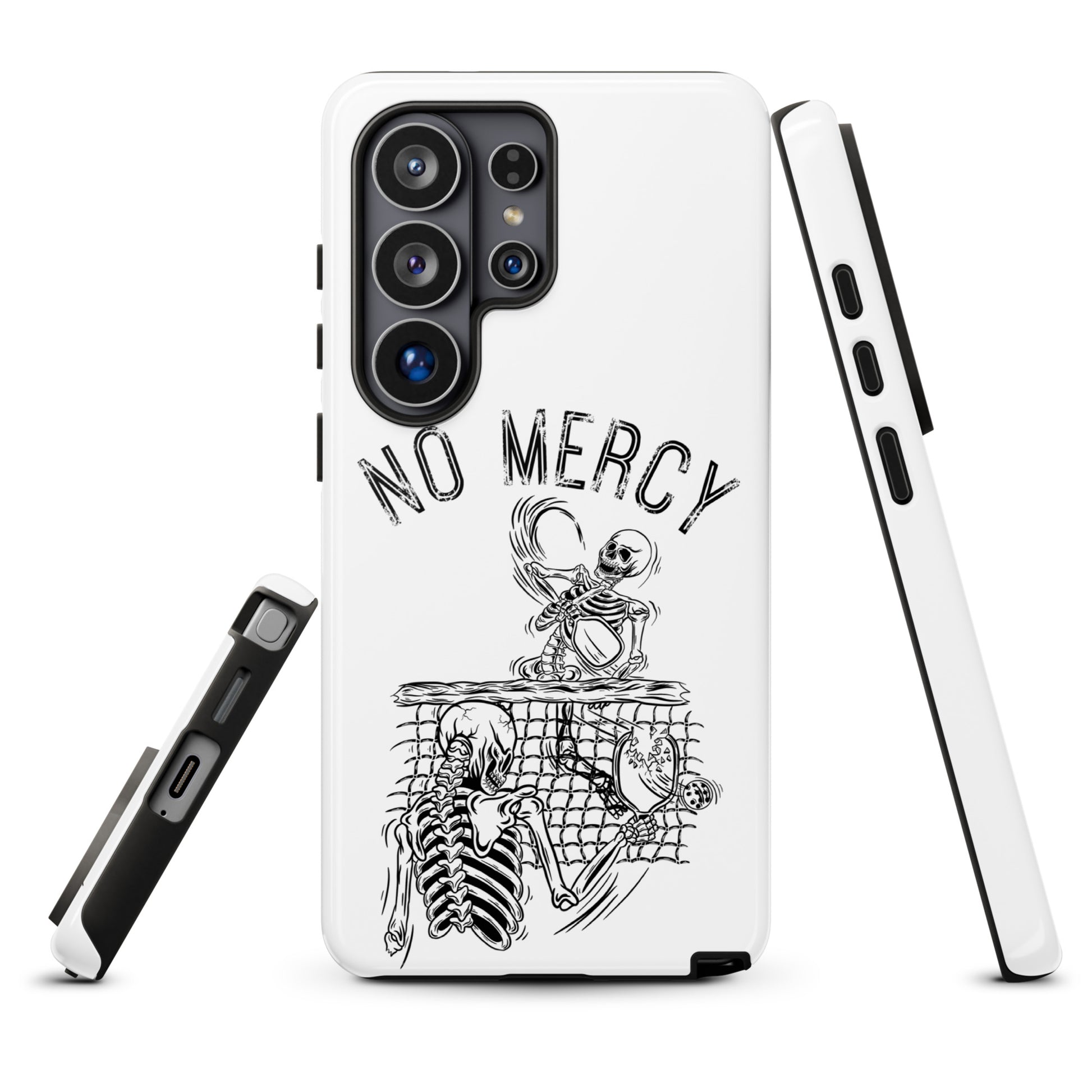 Pickleball Samsung Galaxy case with "No Mercy" skull design for intense players