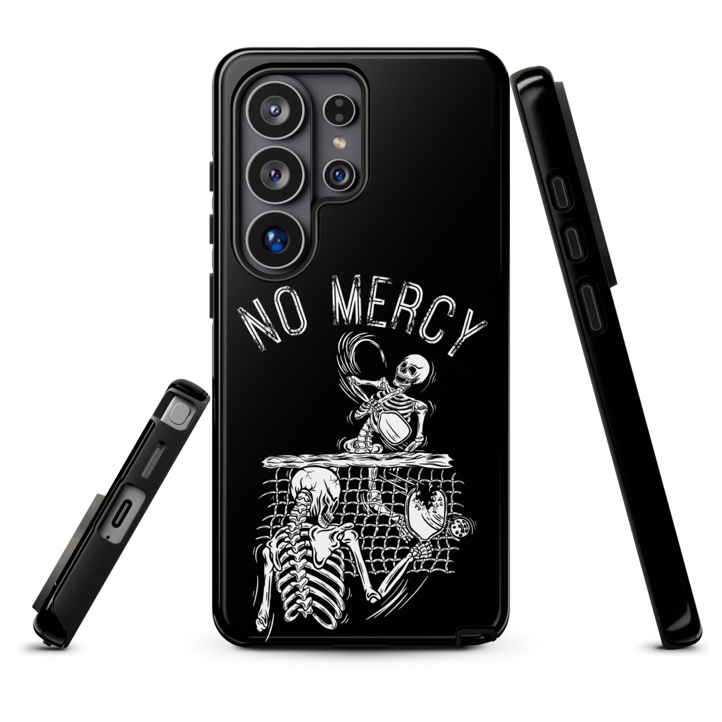 Pickleball Samsung Galaxy Case with 'No Mercy' skeleton design, perfect for players who are fierce on the court. Focus keyword: Pickleball.