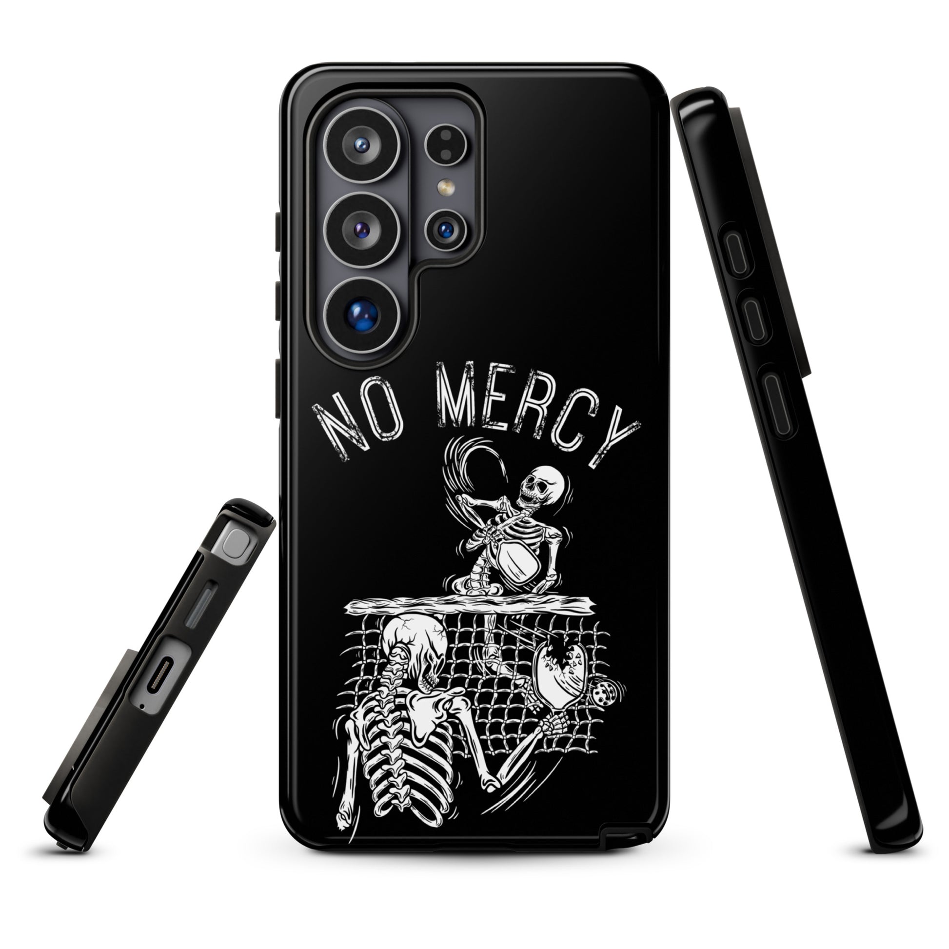 Pickleball Samsung Galaxy Case with 'No Mercy' skeleton design, perfect for players who are fierce on the court. Focus keyword: Pickleball.
