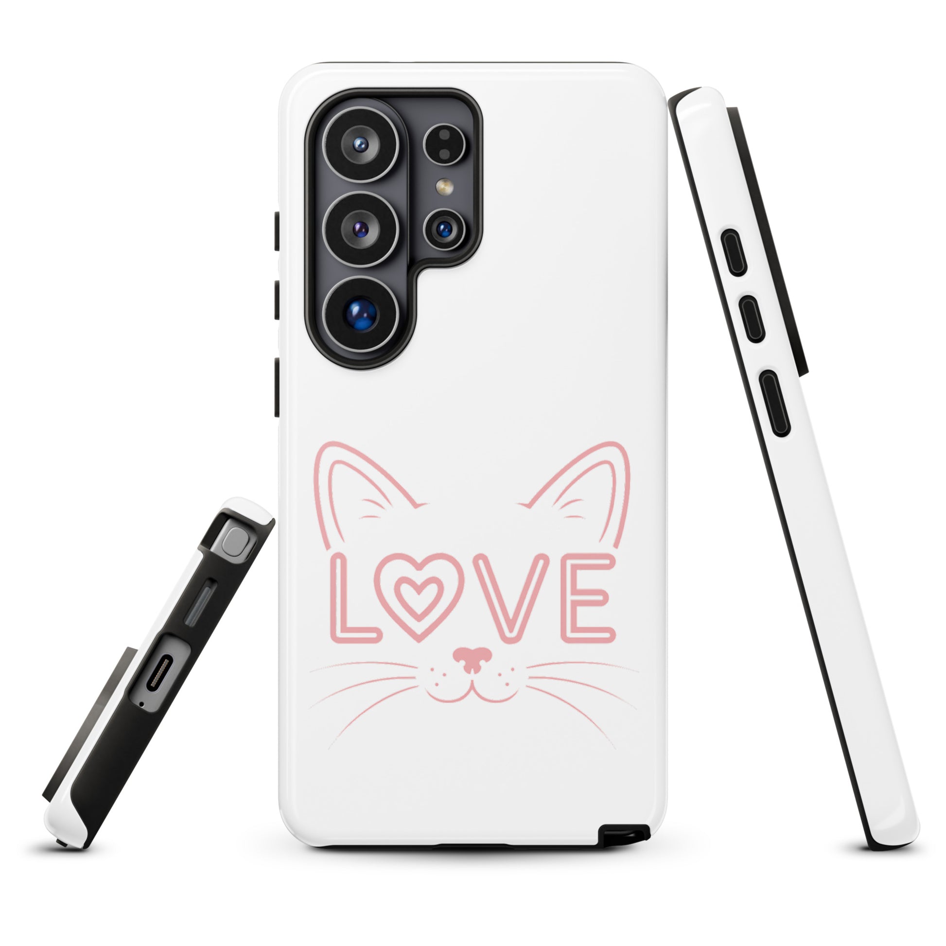 Cat Love phone case for Samsung Galaxy featuring minimalist cat face and "LOVE" design