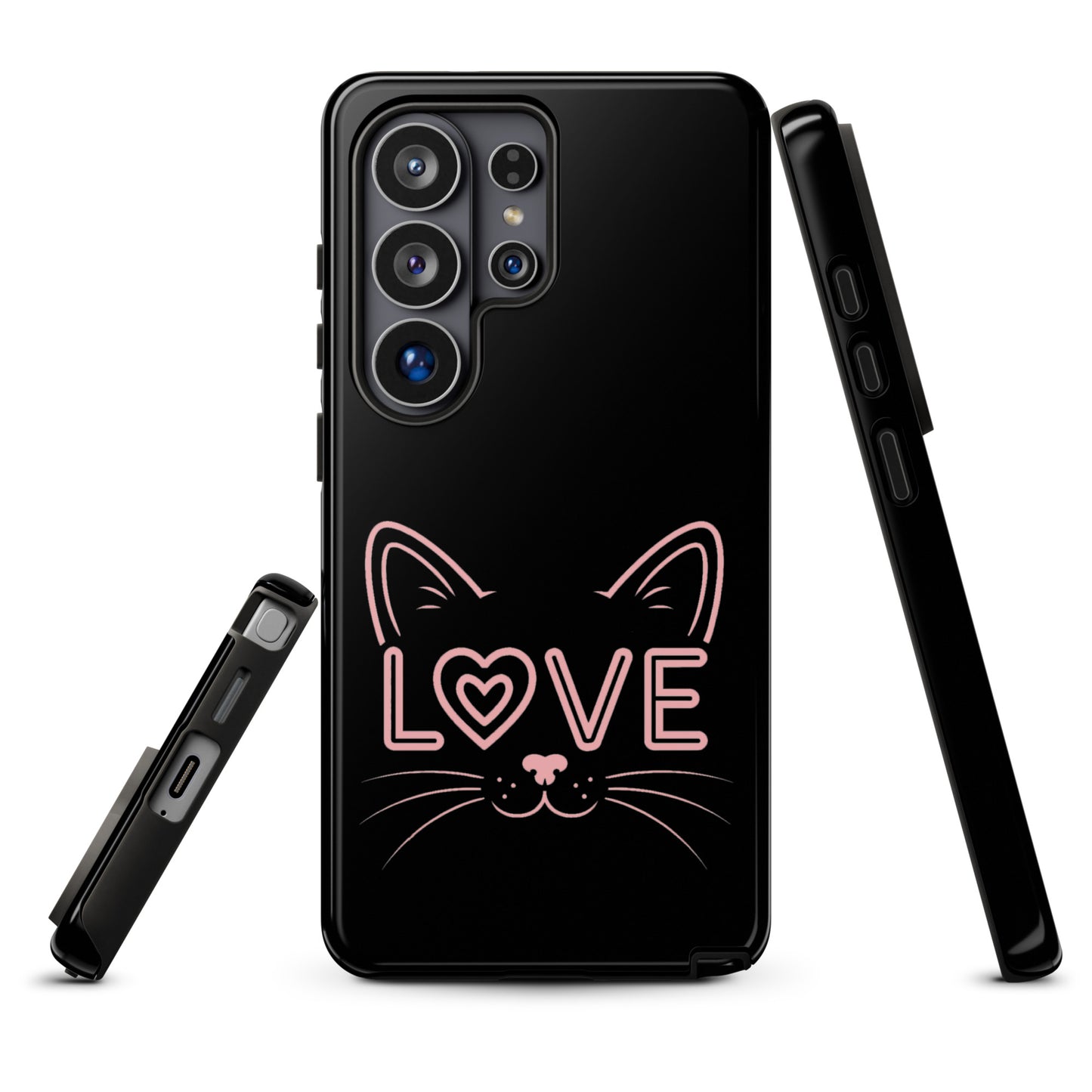 Cat Love phone case for Samsung Galaxy featuring minimalist cat face design with "love" detail, stylish protection for cat lovers.