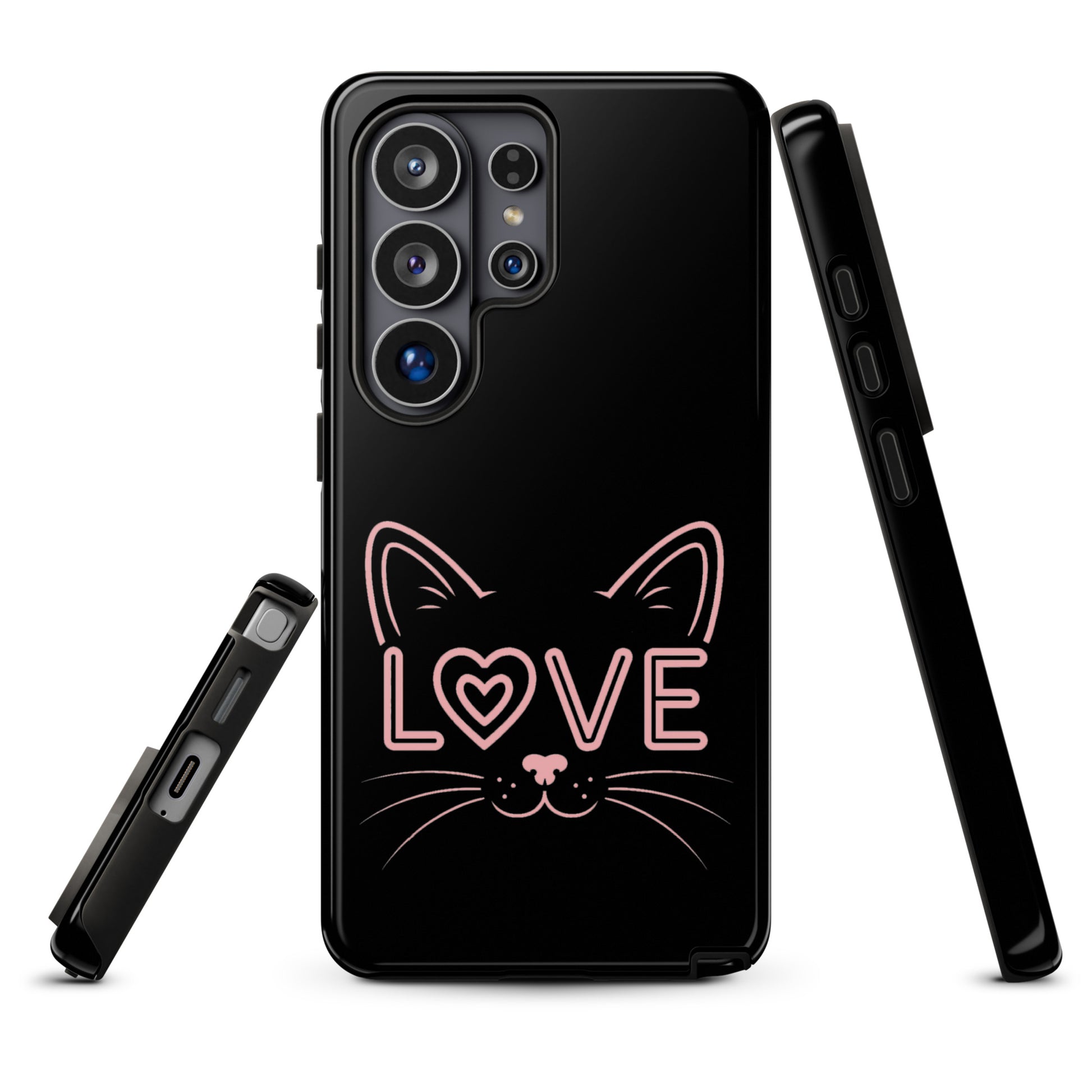 Cat Love phone case for Samsung Galaxy featuring minimalist cat face design with "love" detail, stylish protection for cat lovers.