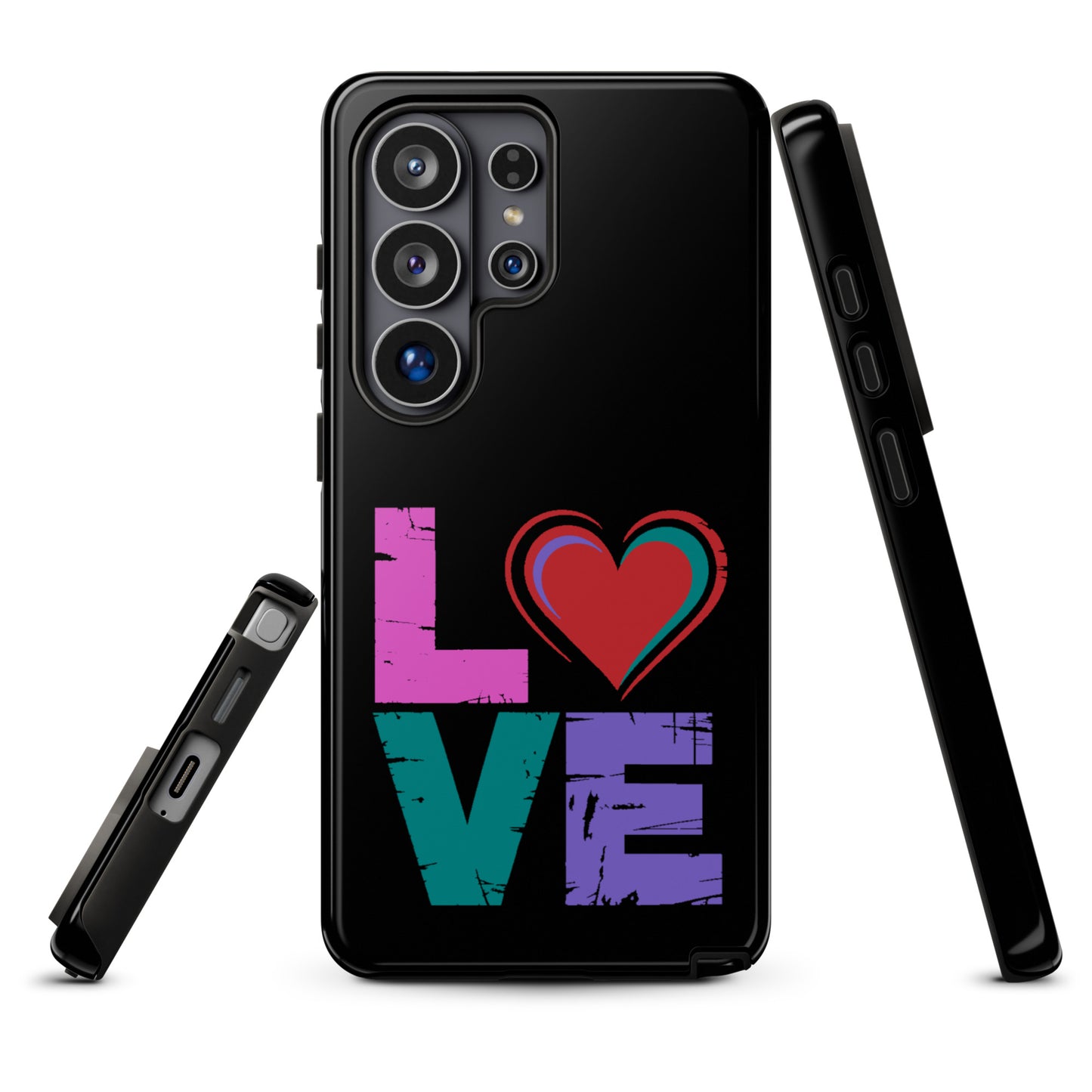 Phone Case: Love Dual Layer Tough Case for Samsung with heart design, showcasing 'love' in vibrant colors for Galaxy phones.
