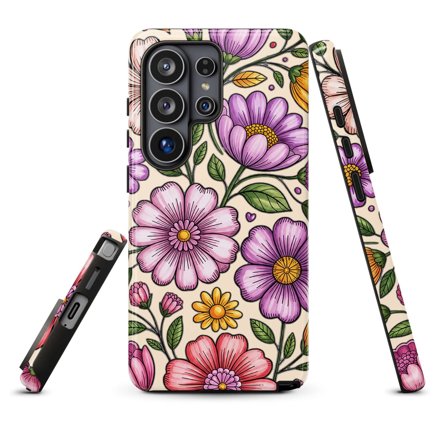 Phone Case for Samsung Galaxy with pastel floral design featuring pink, peach, lavender, and yellow flowers, dual-layer protection.