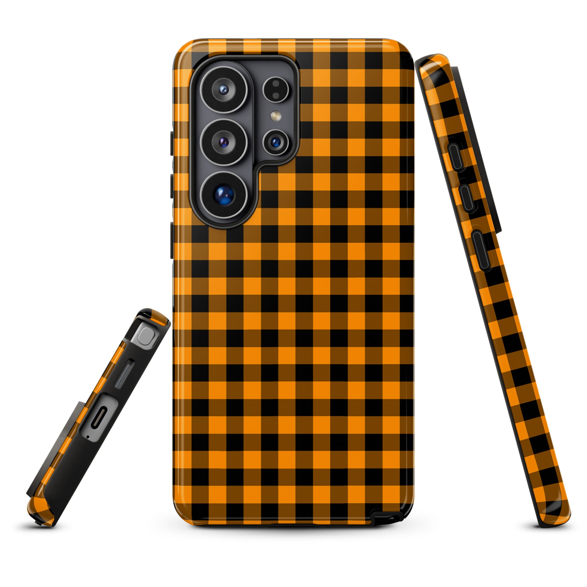 Black-and-orange gingham phone case for Samsung Galaxy, autumn theme.