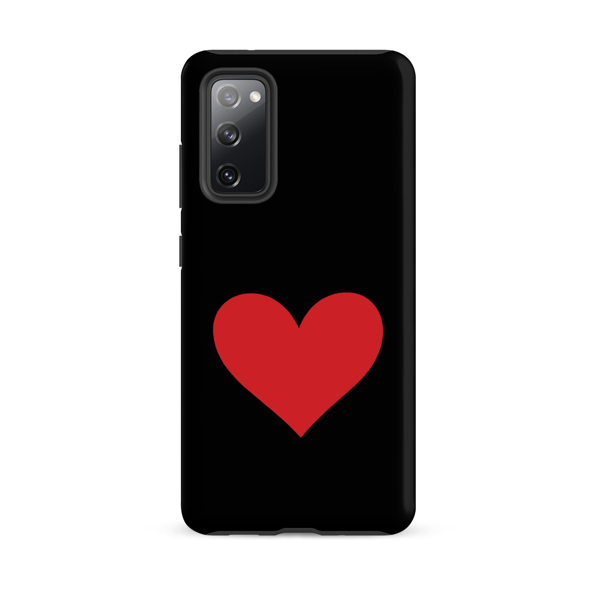 Phone Case for Samsung Galaxy with bold red heart design on black background.