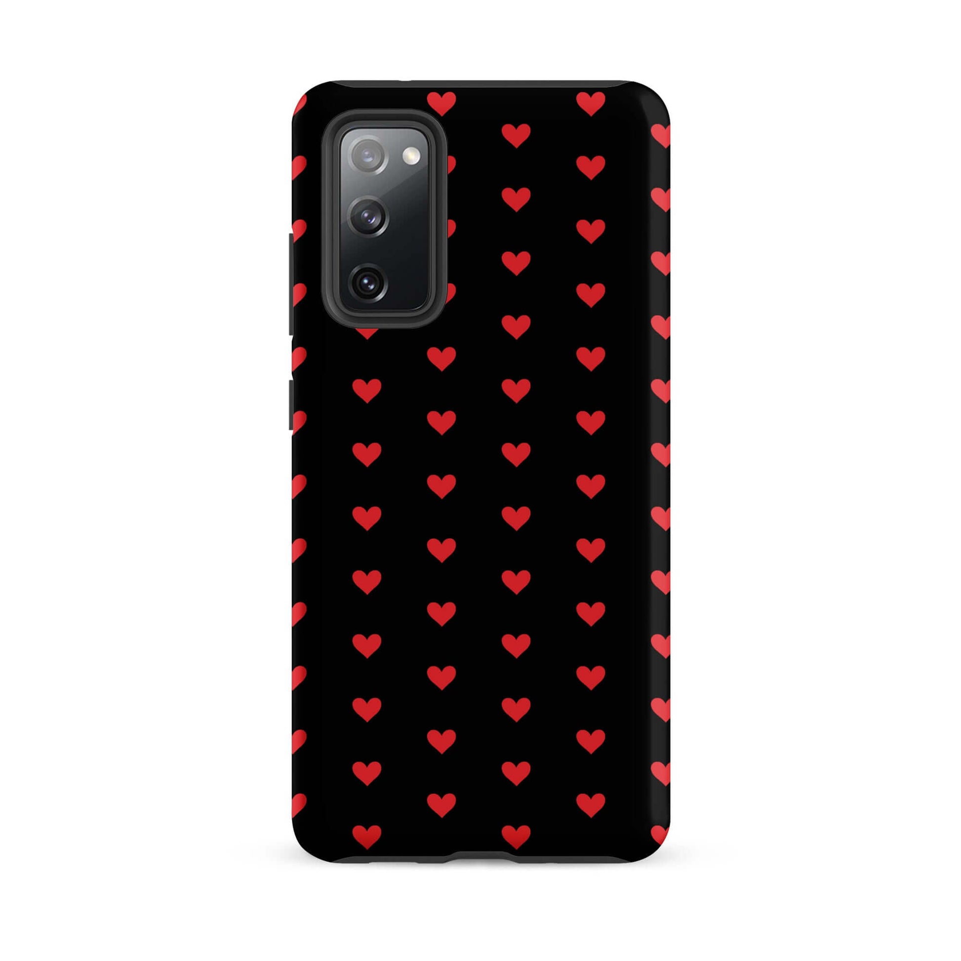 Phone Case for Samsung Galaxy with a pattern of fiery red hearts on a black background.