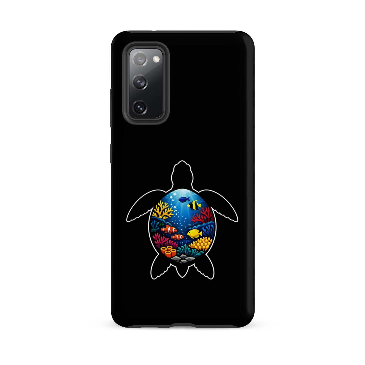 Phone case for Samsung Galaxy featuring vibrant sea turtle reef design and colorful coral outlines.