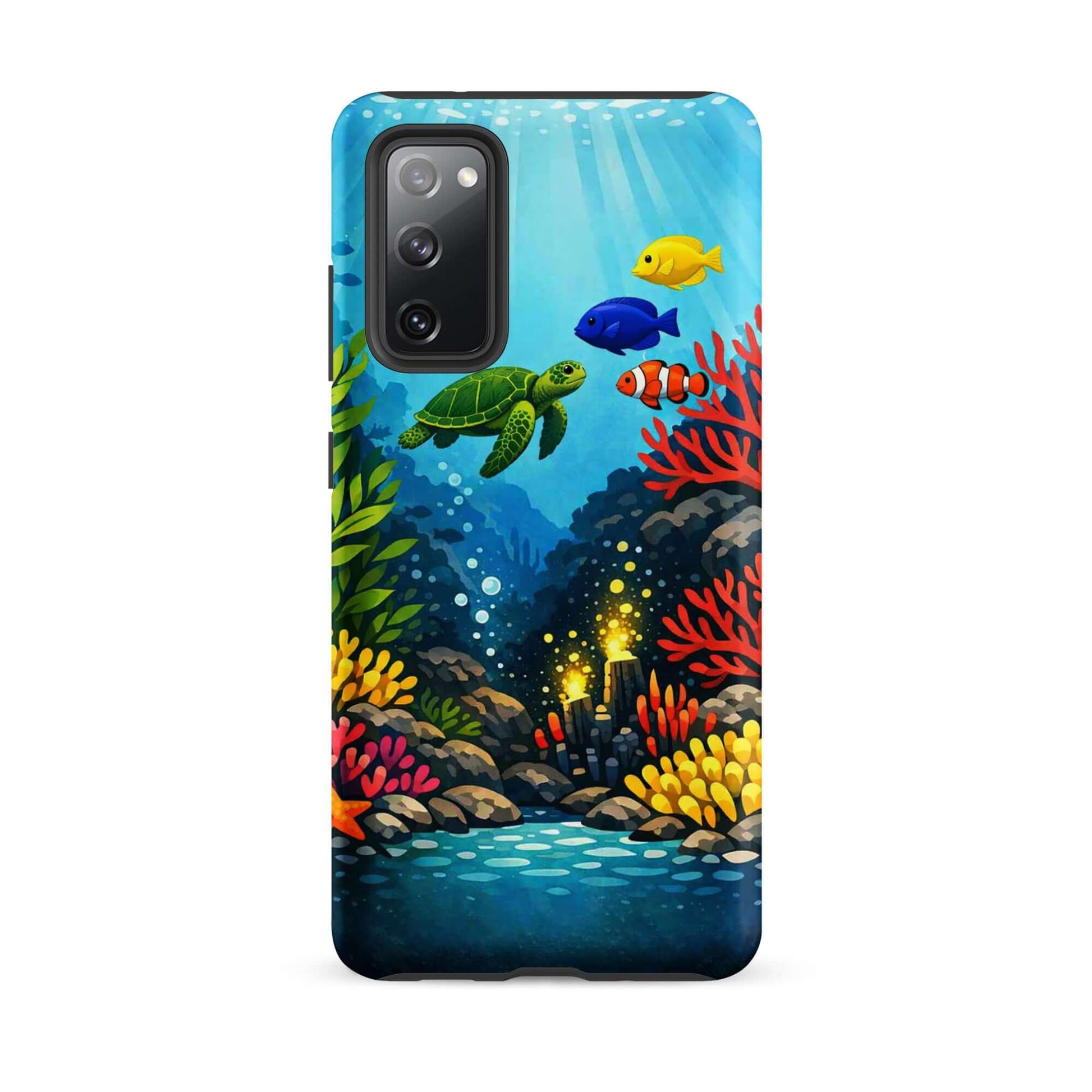 Phone case featuring vibrant sea turtle and coral reef design, perfect for ocean lovers.
