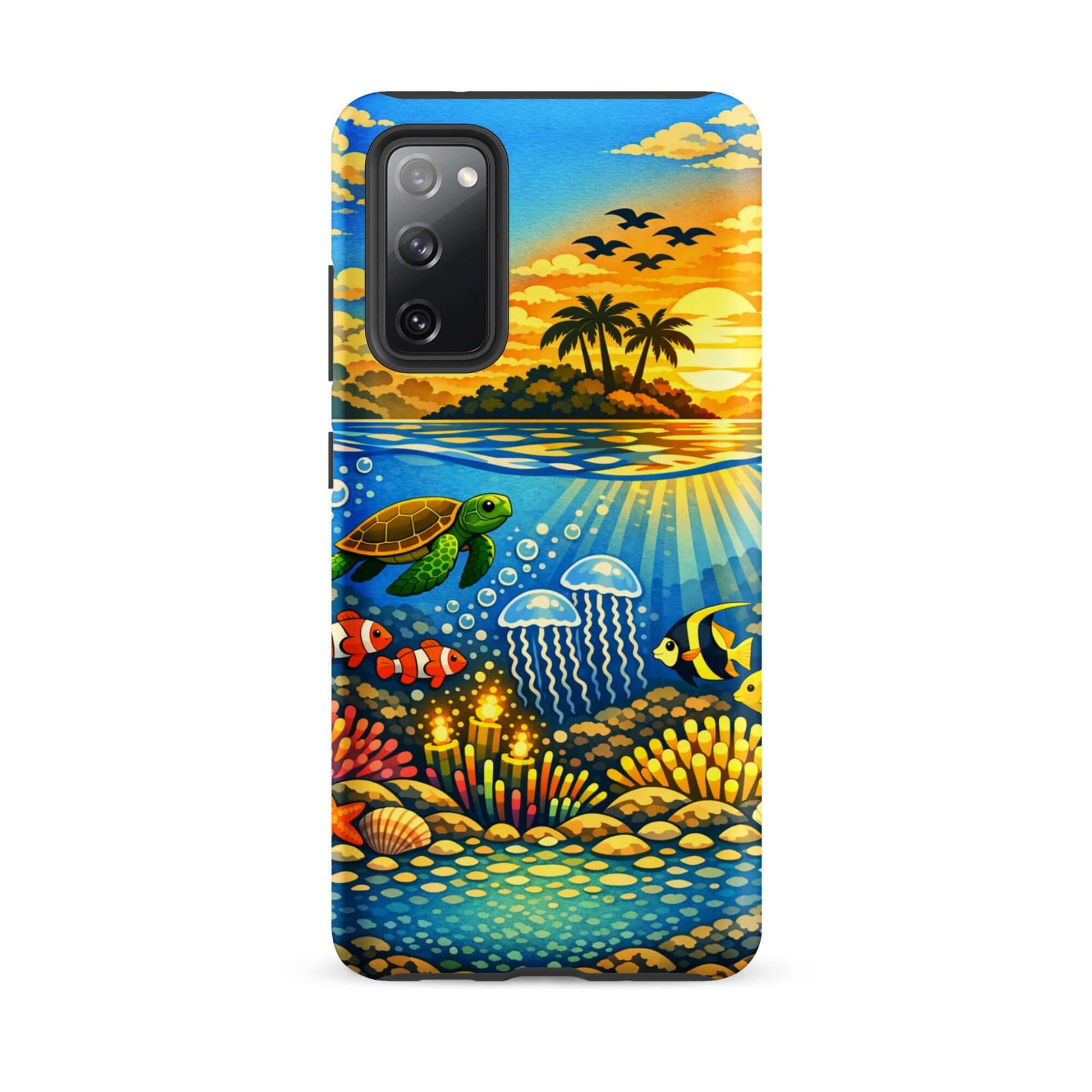 Phone Case featuring a vibrant tropical sunset and underwater reef with sea turtles and coral.