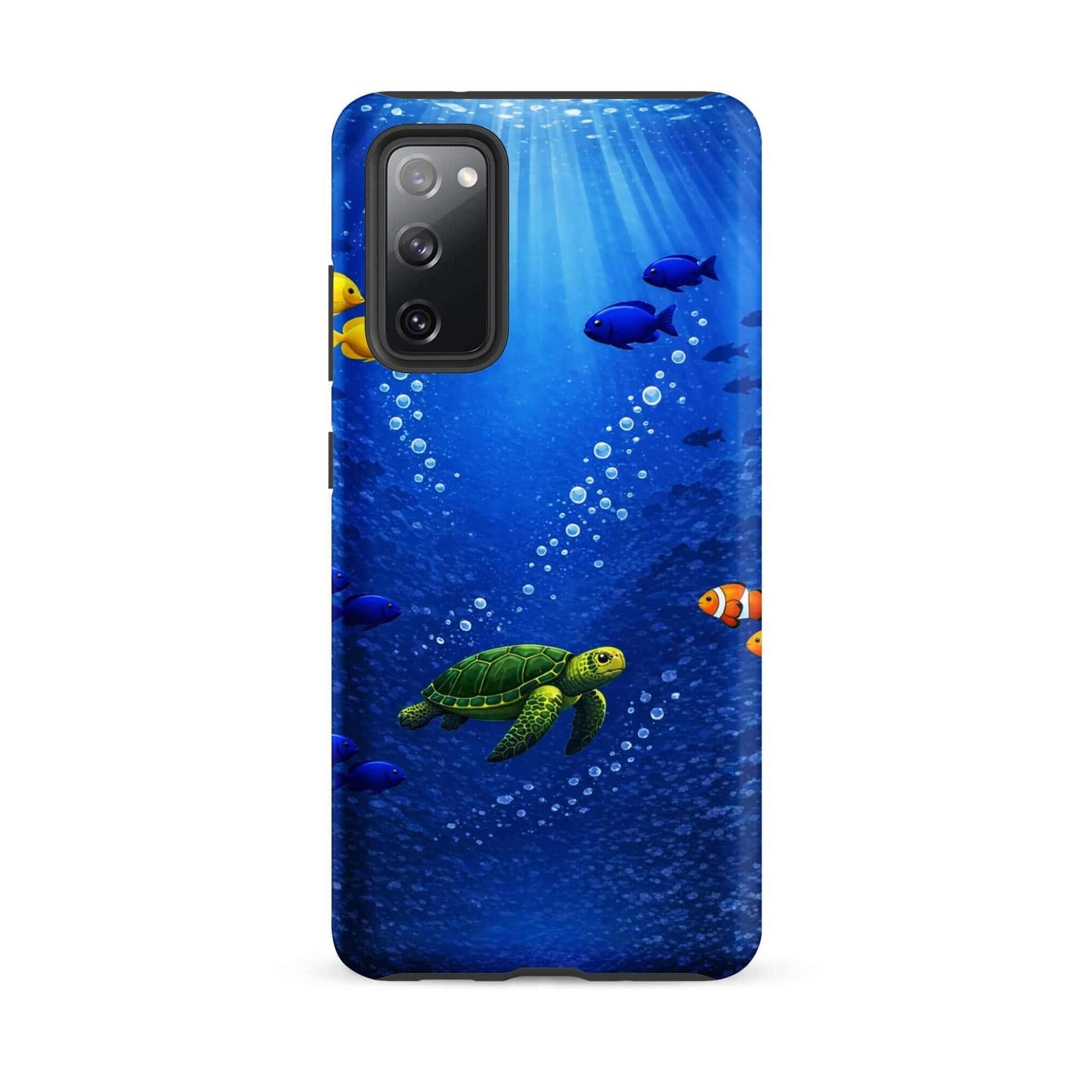 Phone Case for Samsung Galaxy showcasing a sea turtle design in deep blue ocean with tropical fish.