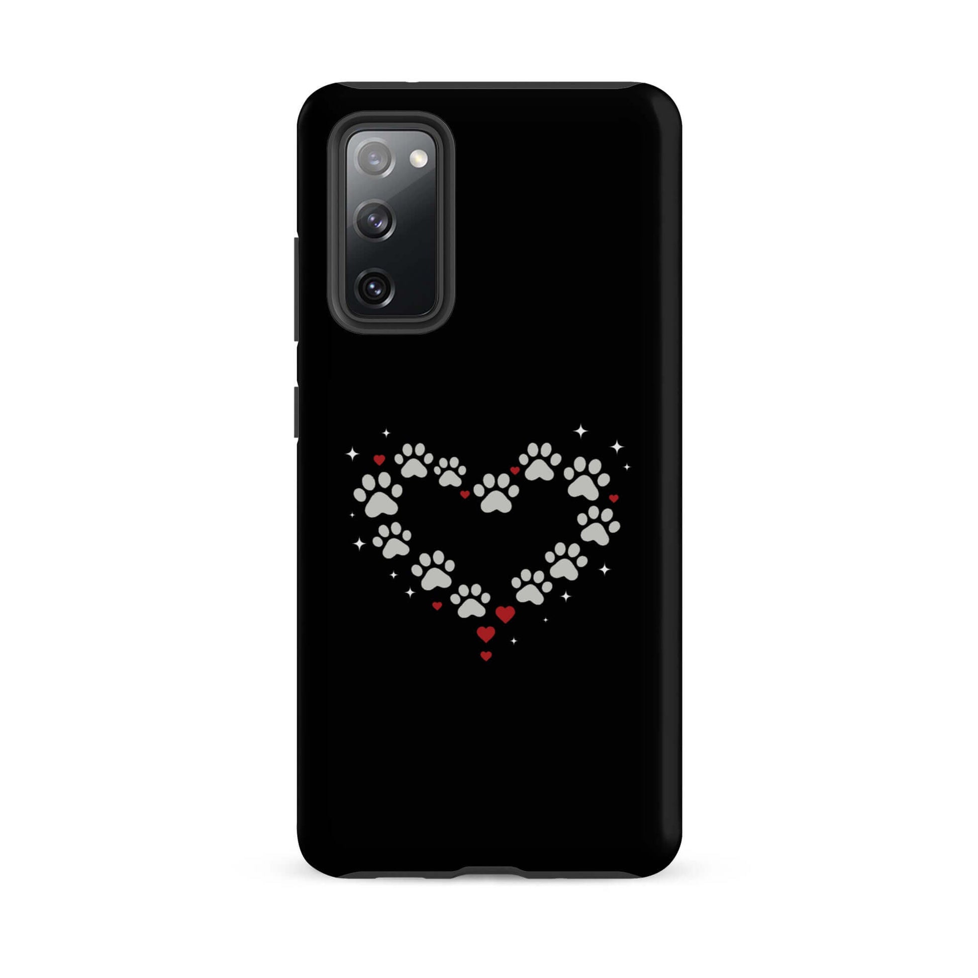 Phone Case for Samsung Galaxy featuring a paw-print heart design on a black background.