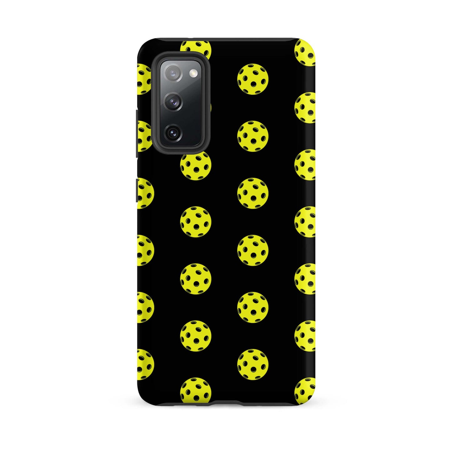 Phone Case for Samsung Galaxy featuring a playful pickleball pattern on a sleek black background.