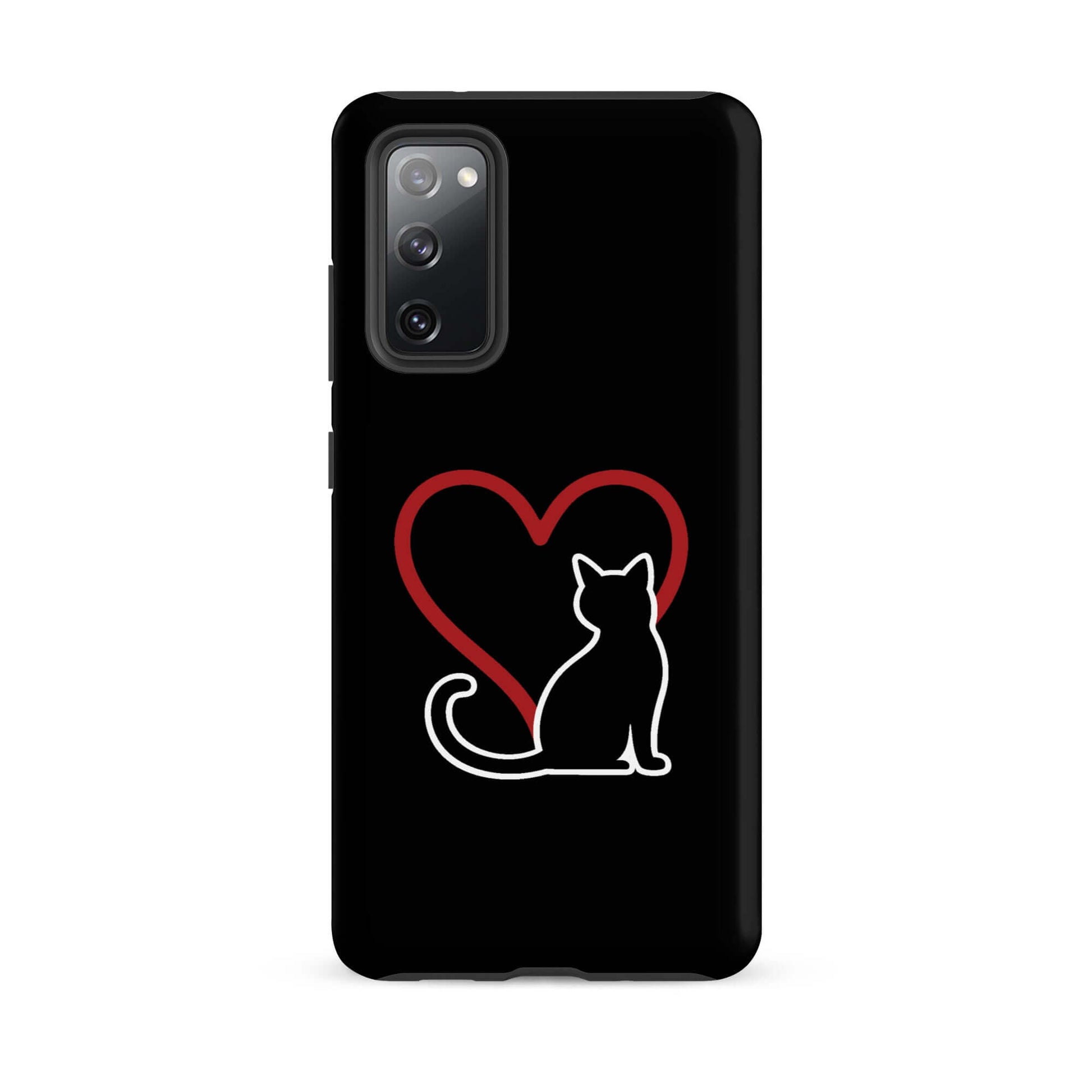 Phone Case for Samsung Galaxy with black cat silhouette and red heart design, perfect for cat lovers.
