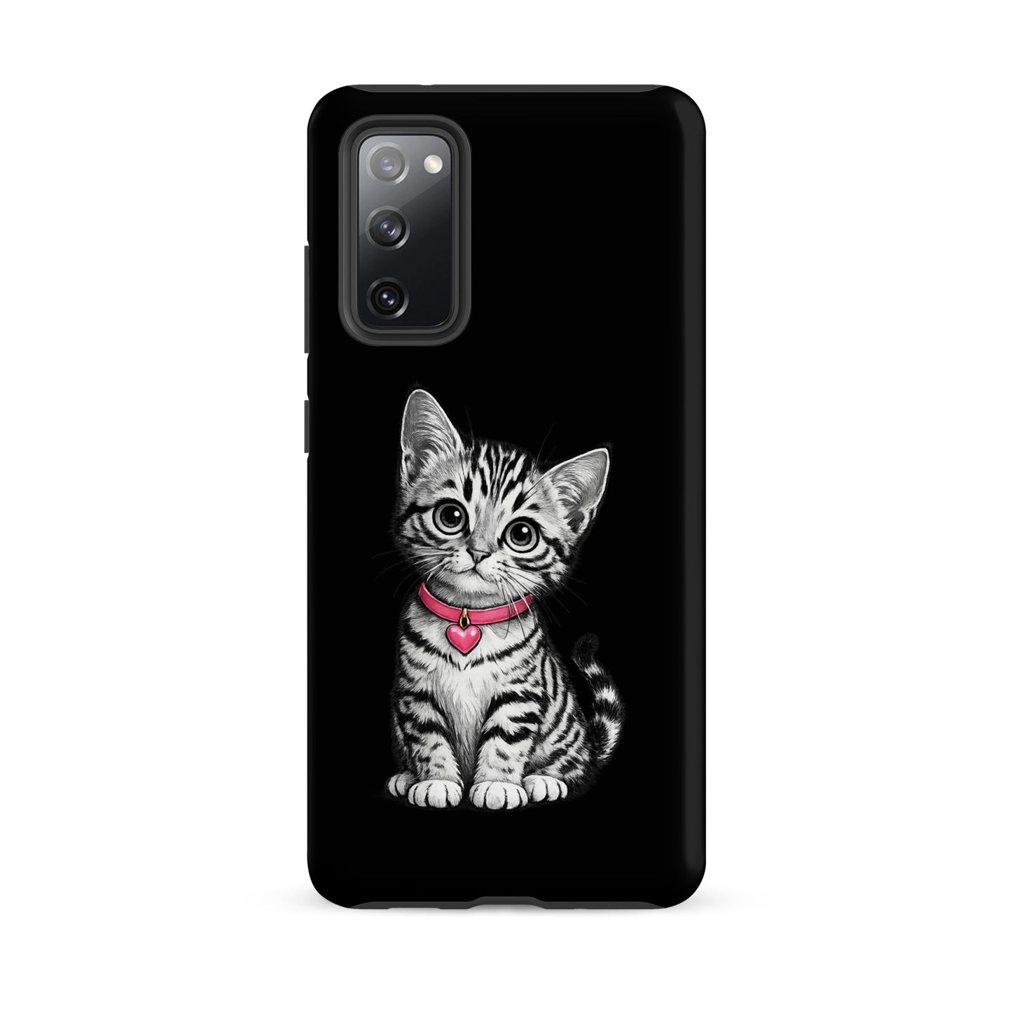 Phone Case featuring a pencil-sketch kitten with pink collar and heart charm, designed for Samsung Galaxy.
