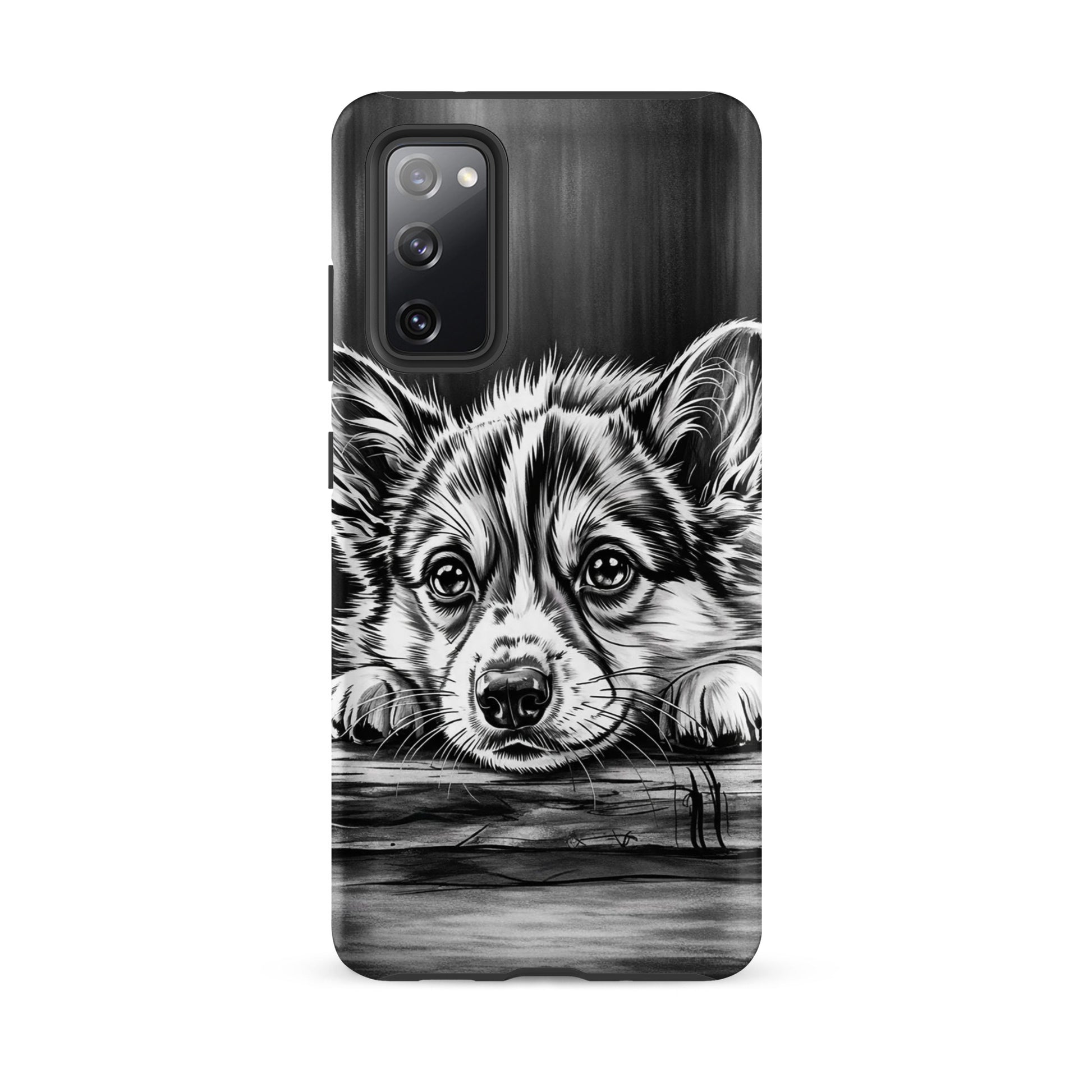 Phone Case for Samsung Galaxy with elegant black-and-white puppy art, offering premium protection and artistic charm.