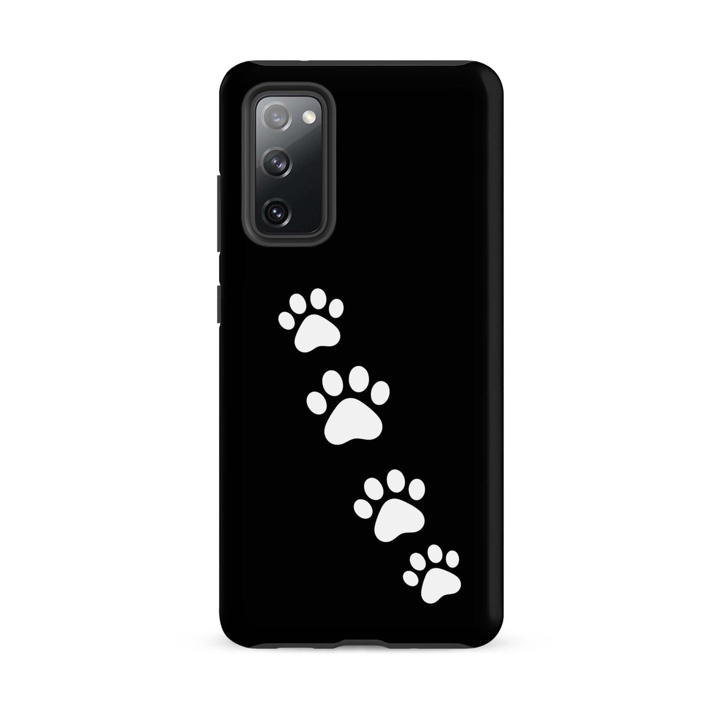 Phone case for Samsung Galaxy featuring diagonal white paw print trail on sleek black background for pet lovers.