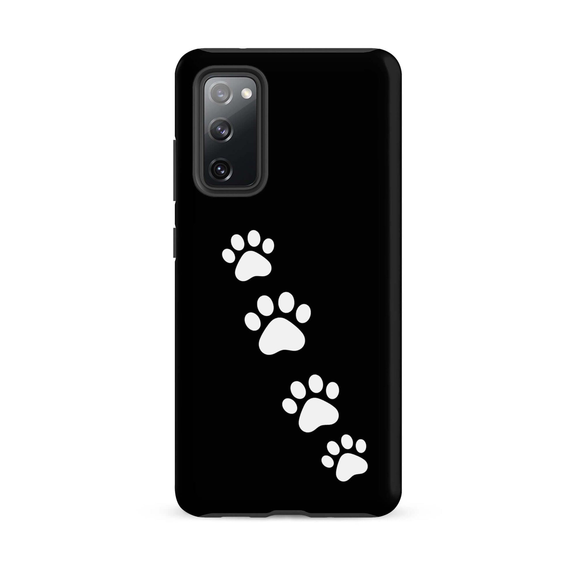 Phone case for Samsung Galaxy featuring diagonal white paw print trail on sleek black background for pet lovers.