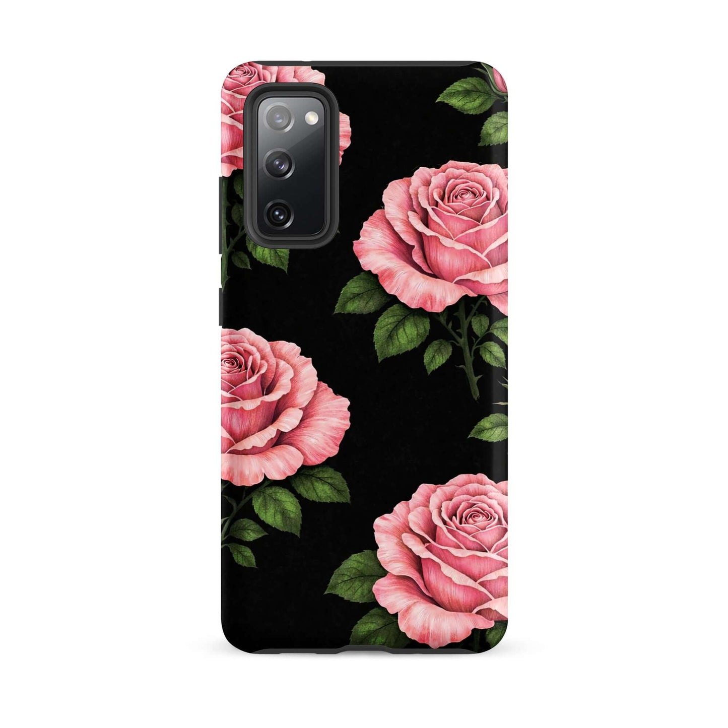 Phone Case with pink rose garden design for Samsung Galaxy, featuring pink roses and green leaves on a black background.