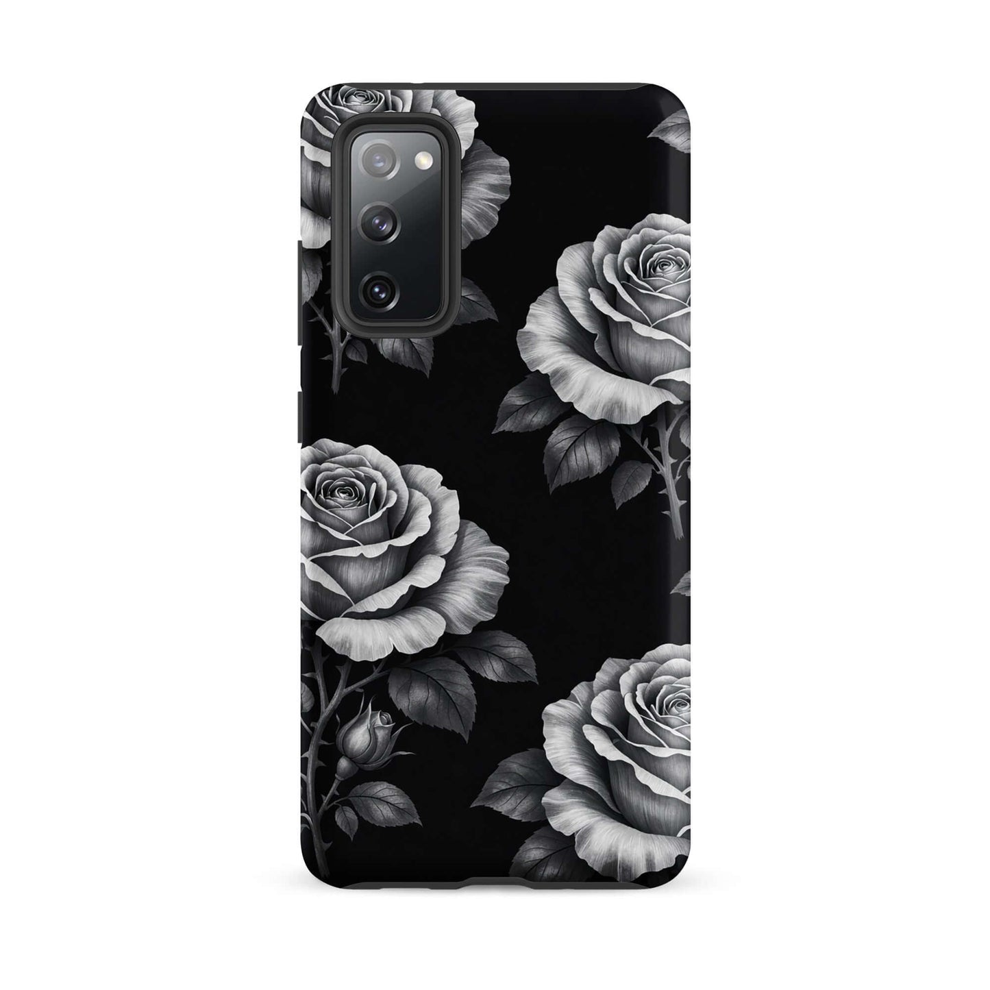 Phone Case for Samsung Galaxy with rose garden print on black, featuring elegant sketched roses and leaves, floral design tough case.