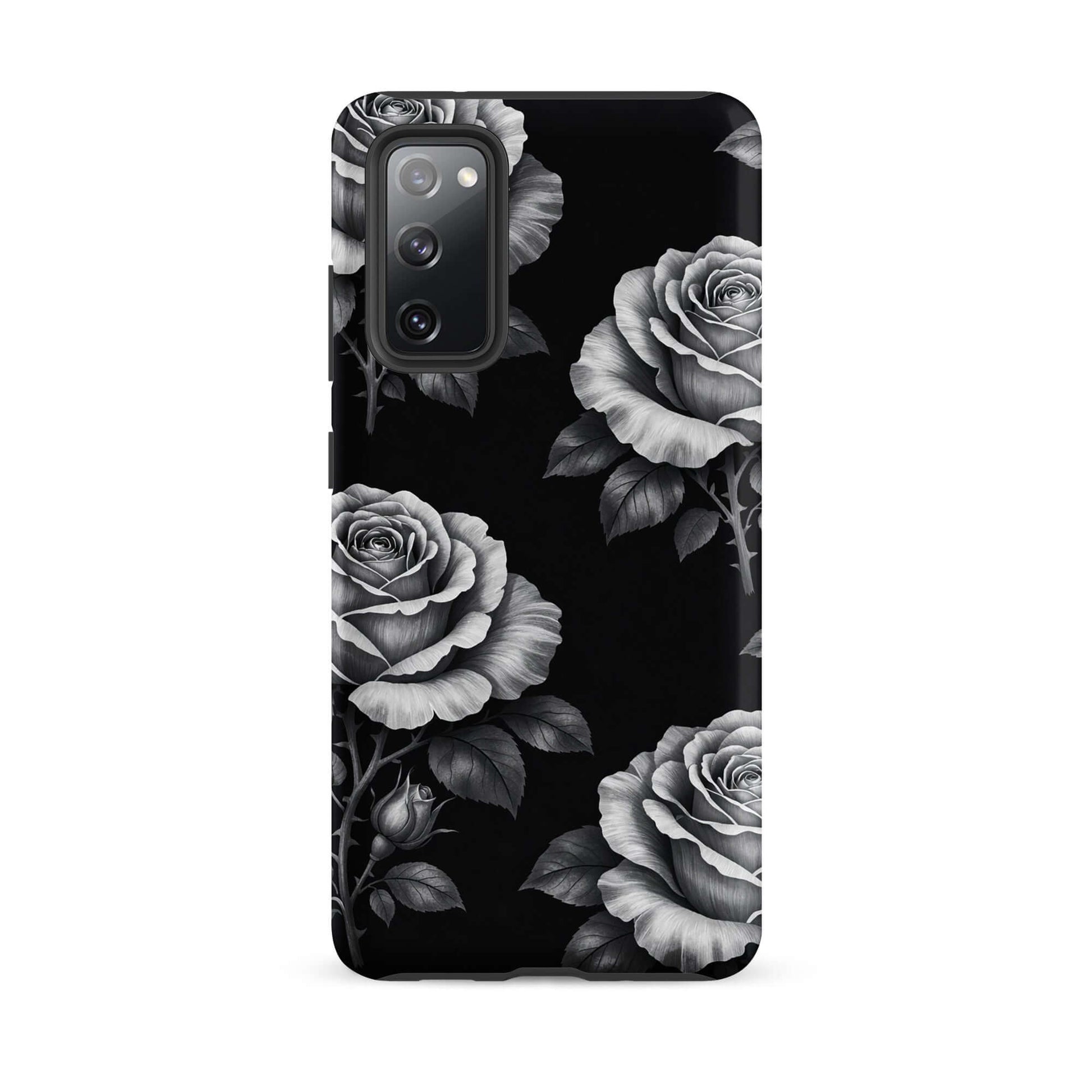 Phone Case for Samsung Galaxy with rose garden print on black, featuring elegant sketched roses and leaves, floral design tough case.