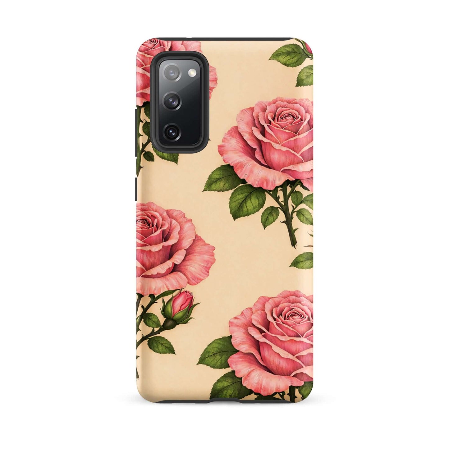 Phone Case for Samsung Galaxy with pink rose pattern on warm cream background, featuring soft petals and lush green leaves.