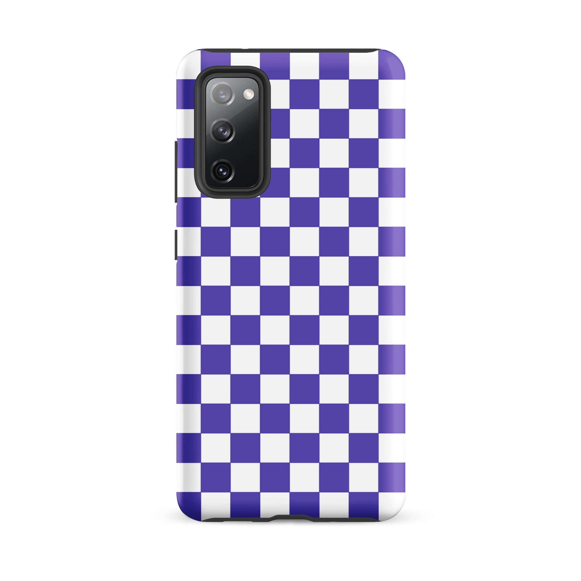 Phone Case for Samsung Galaxy with purple and white checkered pattern, stylish design for those seeking a fun and playful vibe.