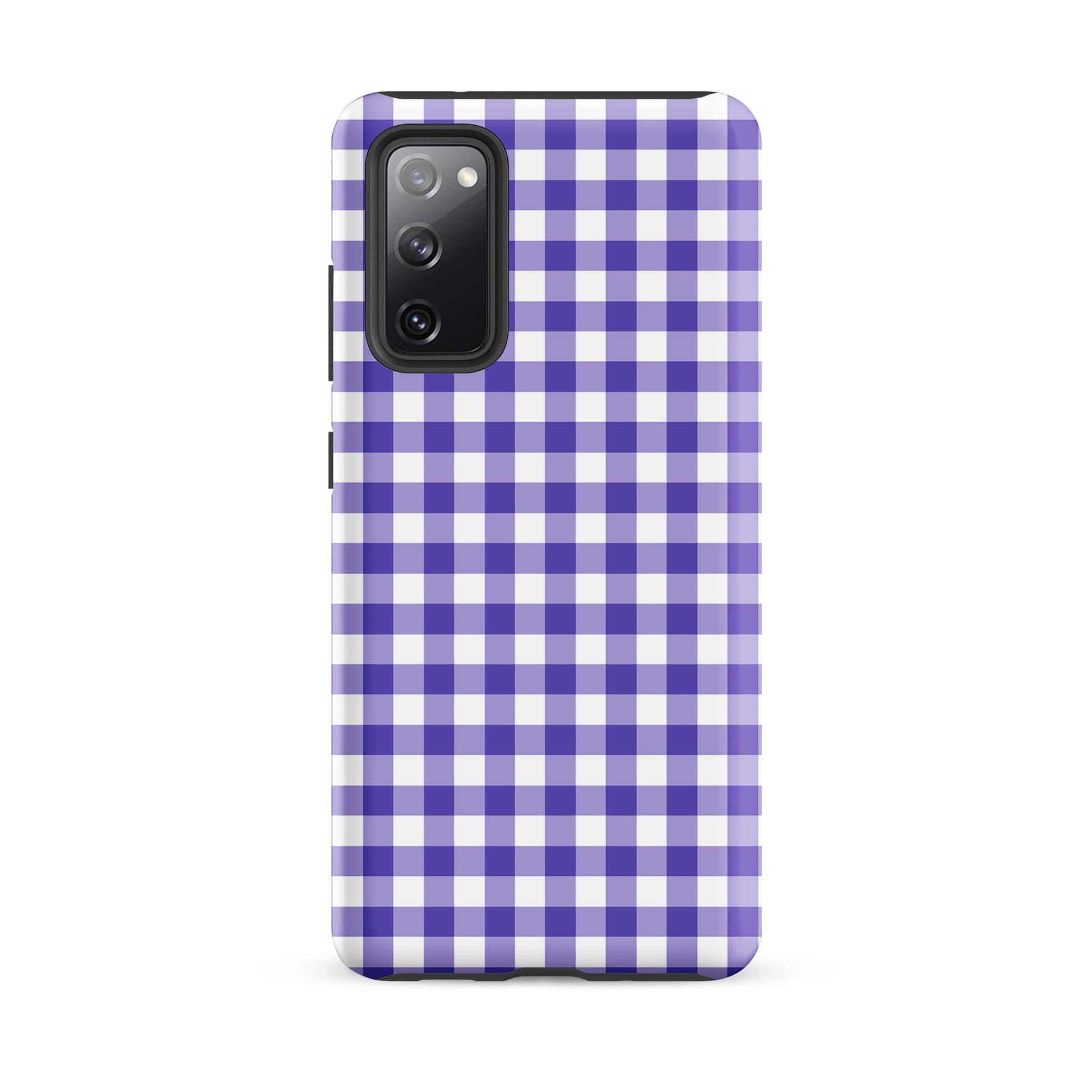 Phone case with purple and white gingham pattern for Samsung Galaxy, combining style and protection with a chic accessory flair.