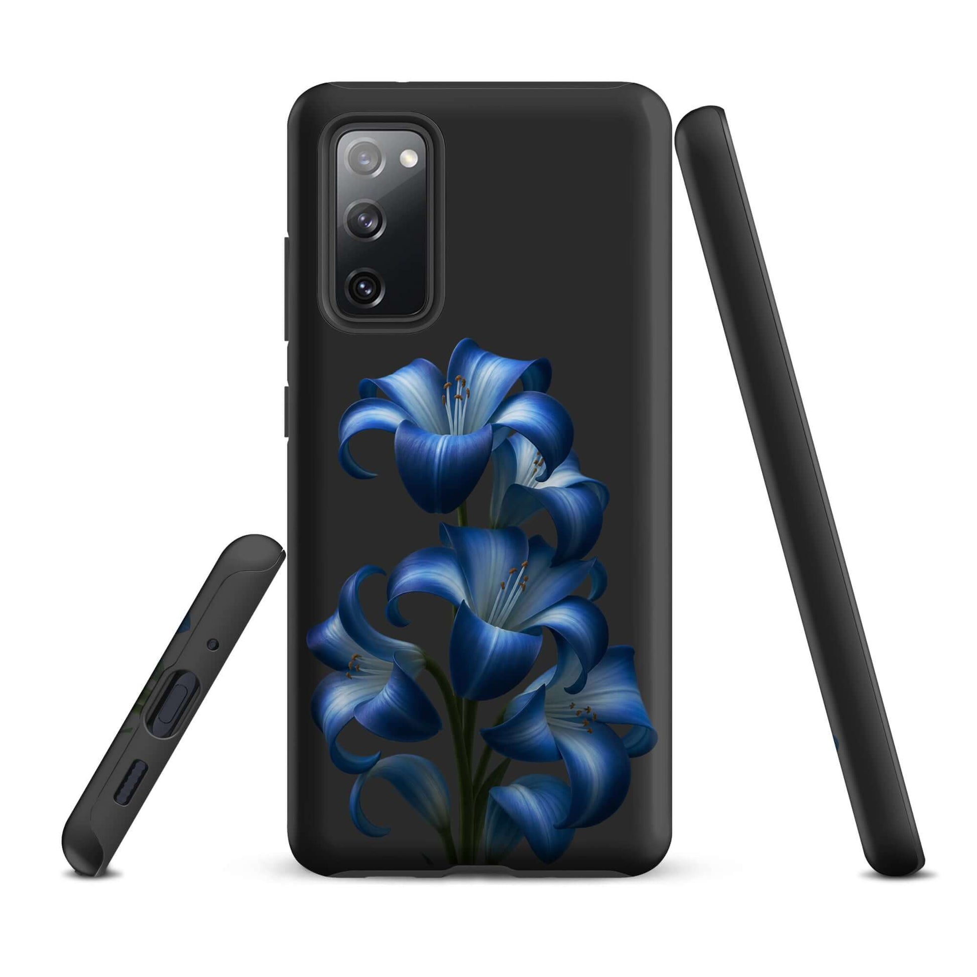 Phone Case for Samsung Galaxy featuring blue lily bloom art on a sleek dark background, enhancing both style and protection.