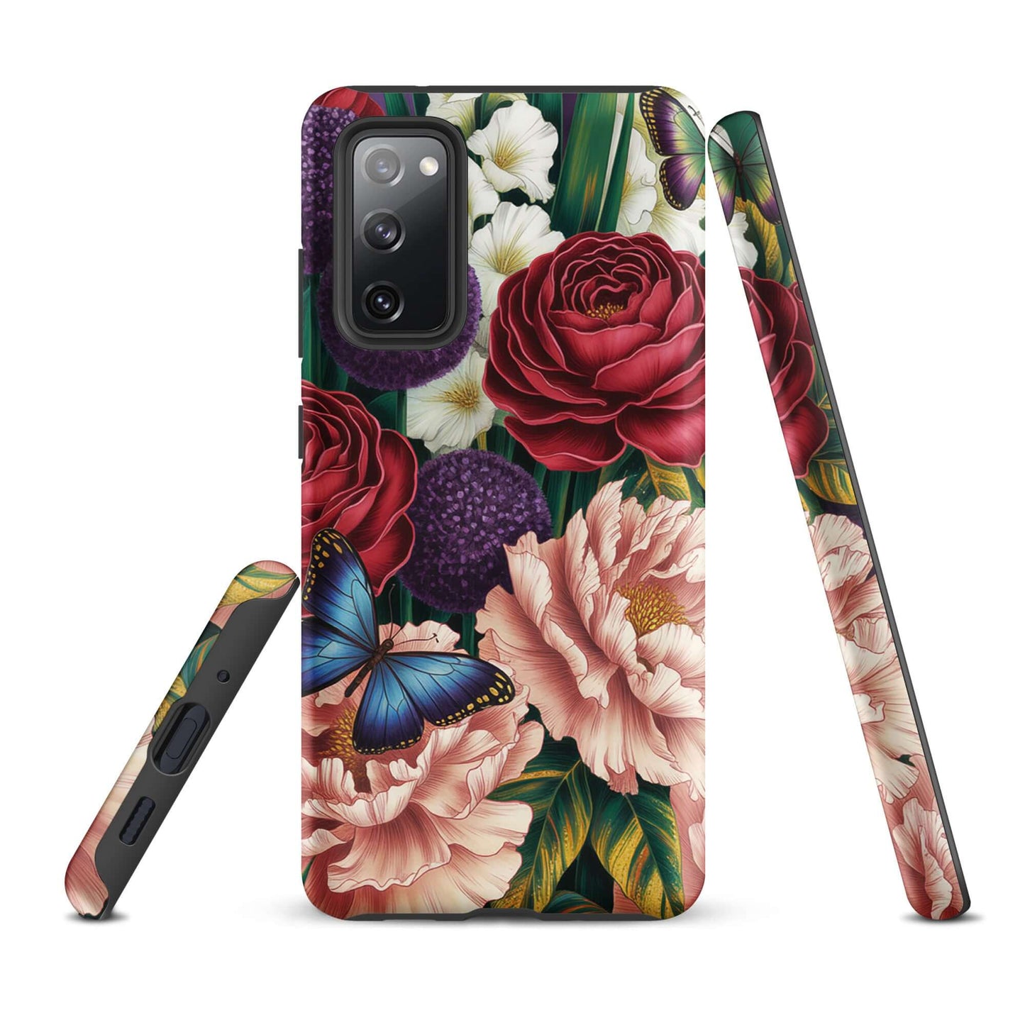Phone Case for Samsung Galaxy with botanical garden design featuring crimson roses, pink peonies, purple alliums, and blue butterflies.