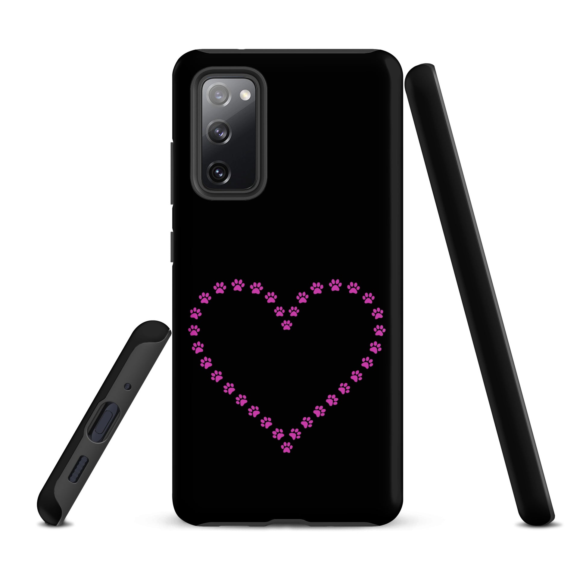 Phone Case for Samsung Galaxy with pink paw print heart design on black background, perfect for pet lovers and animal enthusiasts.