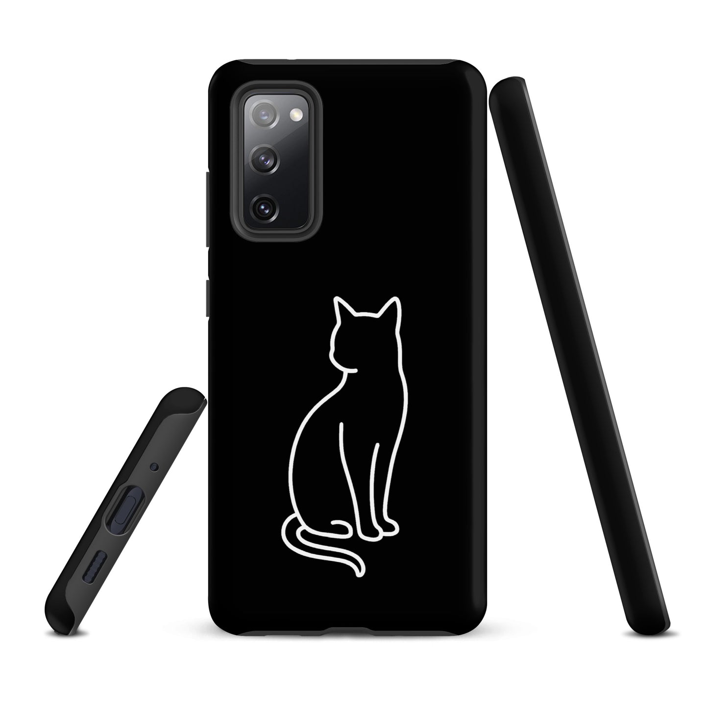 Phone Case for Samsung Galaxy with minimalist sitting cat design on black background for stylish pet lovers.