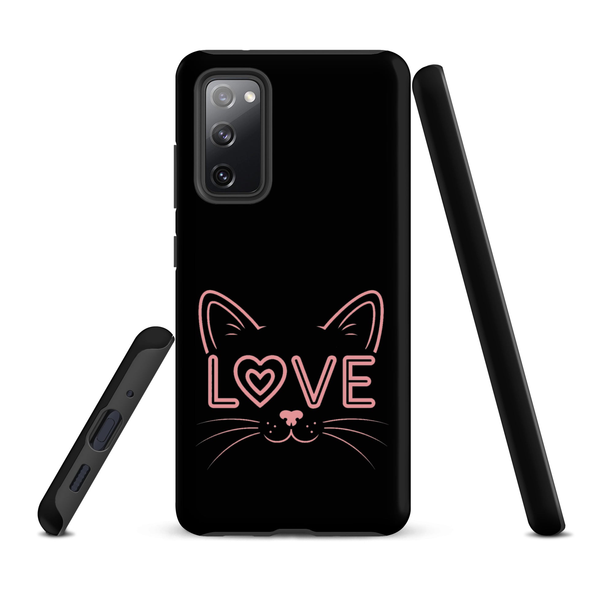 Cat Love phone case for Samsung Galaxy with minimalist cat face and 'love' design, showcasing feline passion and protection.