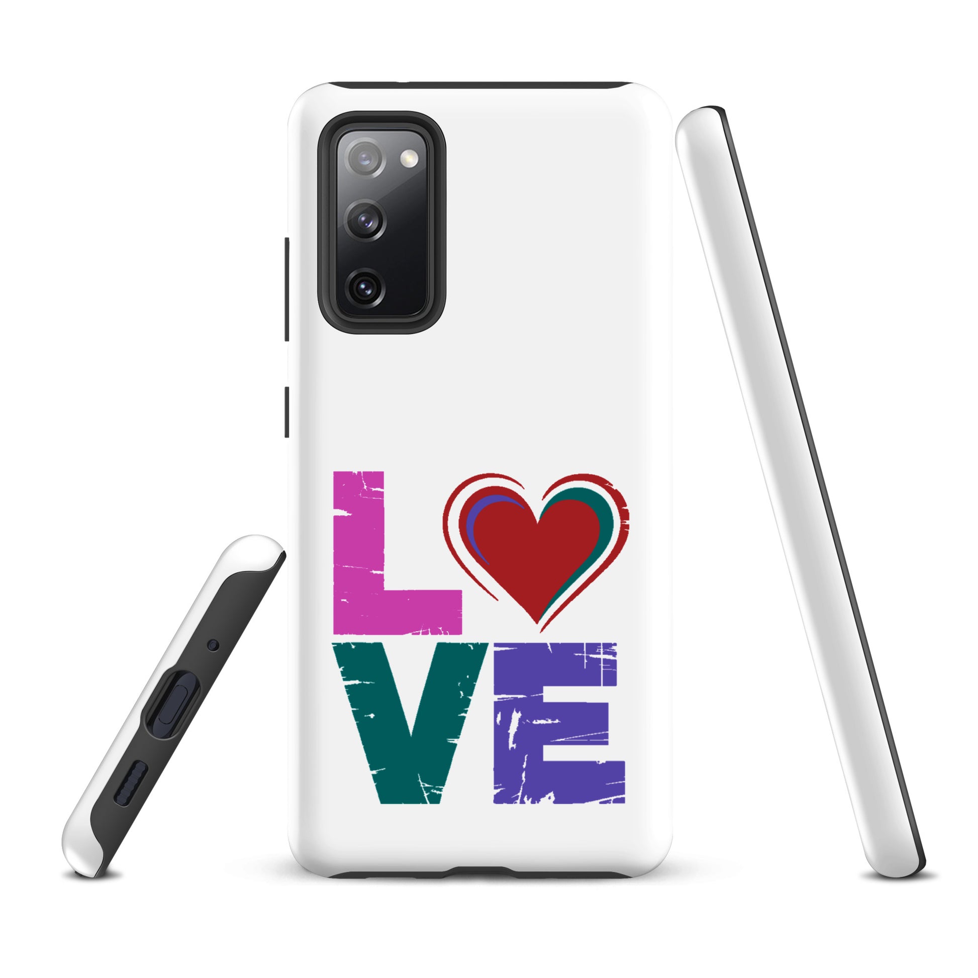 Phone Case Love Dual Layer for Samsung Galaxy with heart design and bold "LOVE" print, multi-angle view.