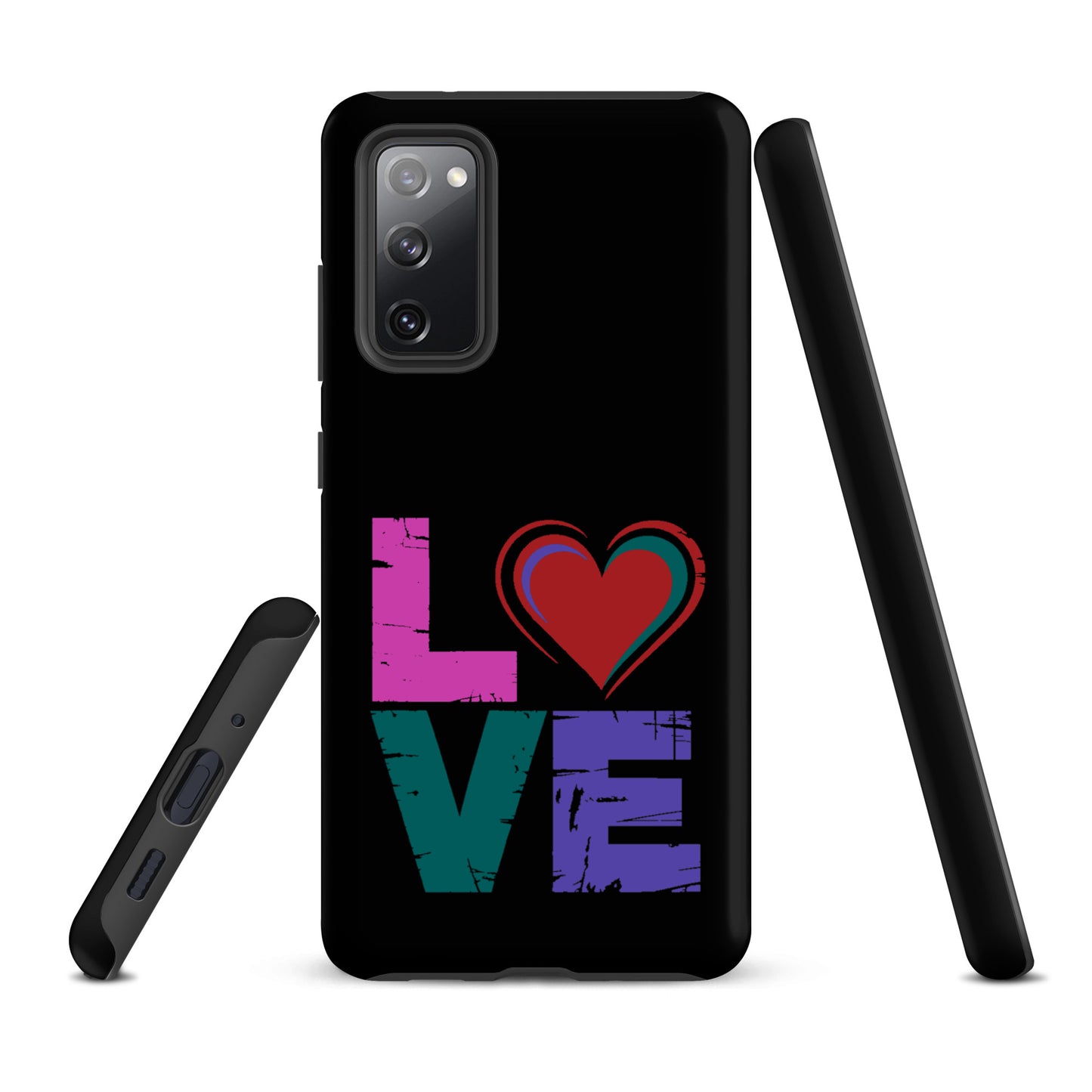 Phone Case: Love Dual Layer with heart design for Samsung Galaxy phones, showcases "love" with a vibrant heart replacing the "o".