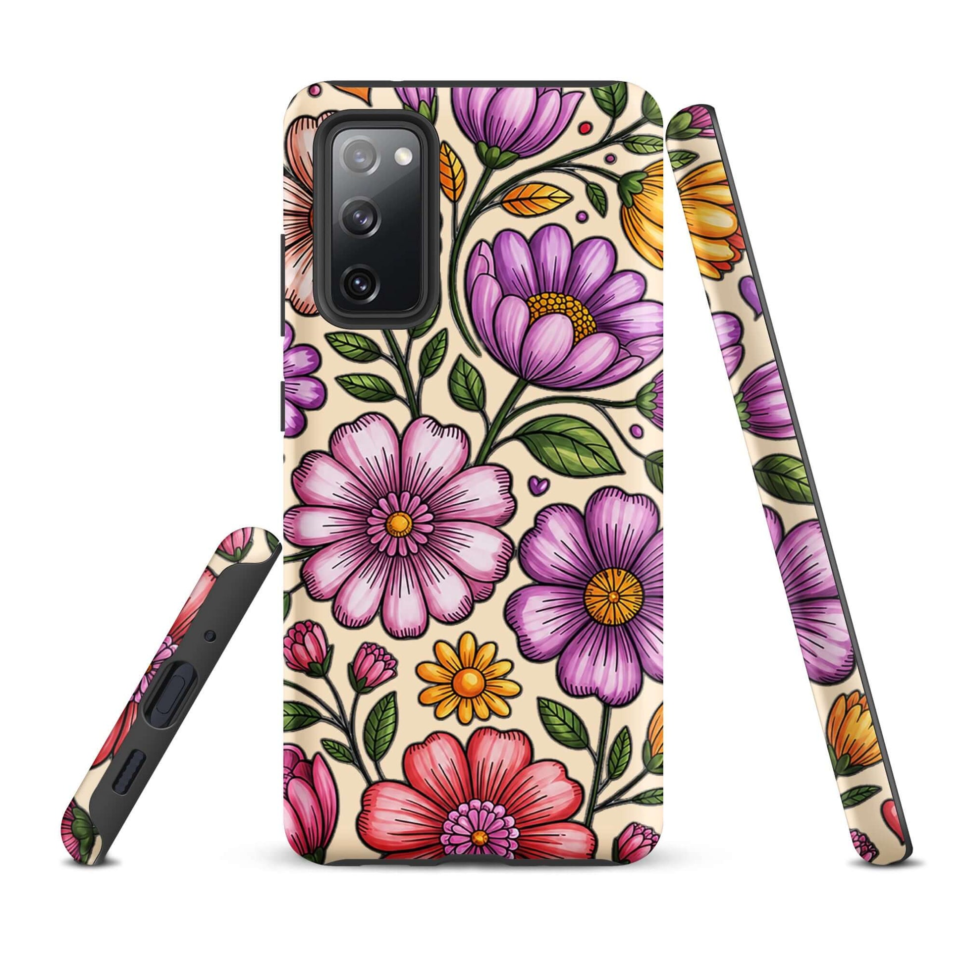 Phone Case for Samsung Galaxy with pastel floral design, featuring pink, purple, yellow flowers on polycarbonate shell for impact resistance.