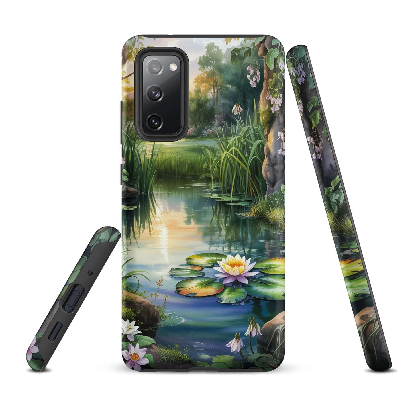 Phone Case for Samsung Galaxy with enchanted pond design featuring lily pads, lush greenery, and sunset reflections for a peaceful charm.