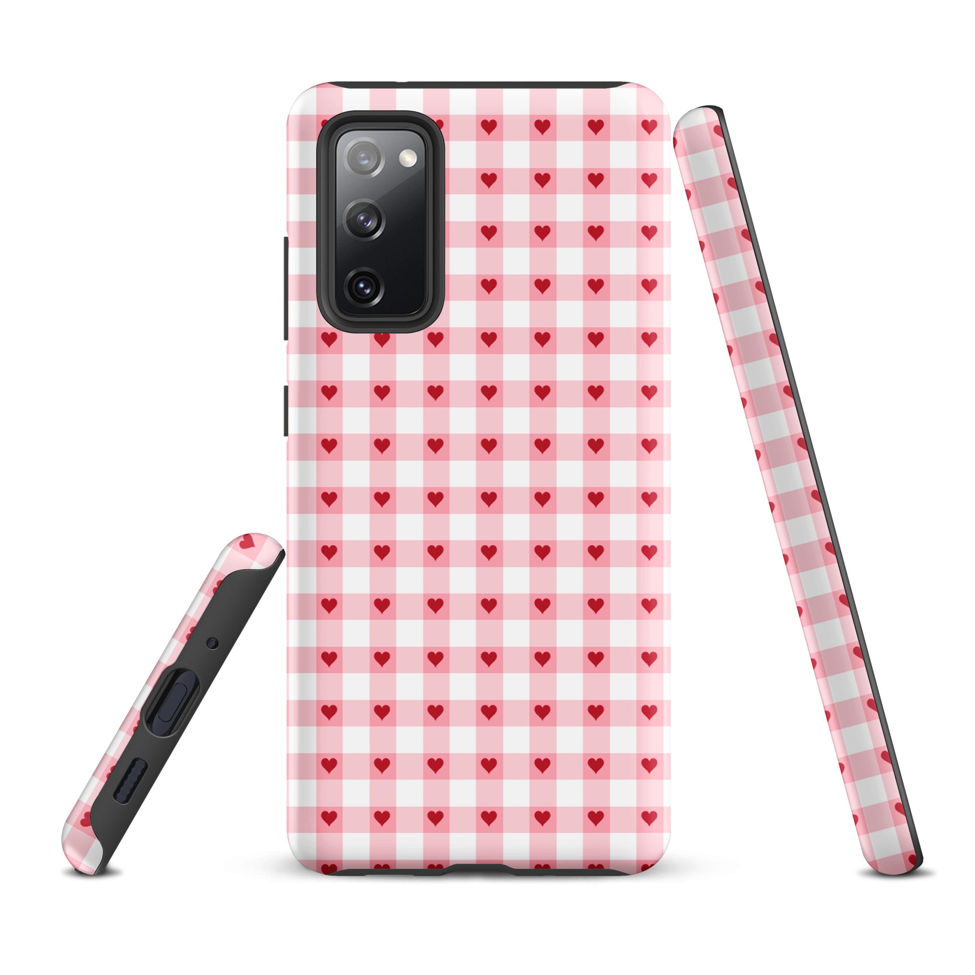 Phone Case for Samsung Galaxy with pink-and-white gingham heart pattern, stylish and durable accessory.