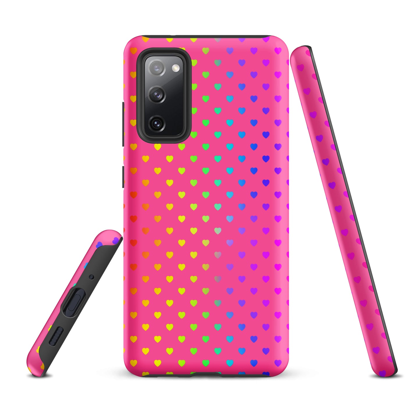 Phone case for Samsung Galaxy with cute rainbow heart design on pink backdrop