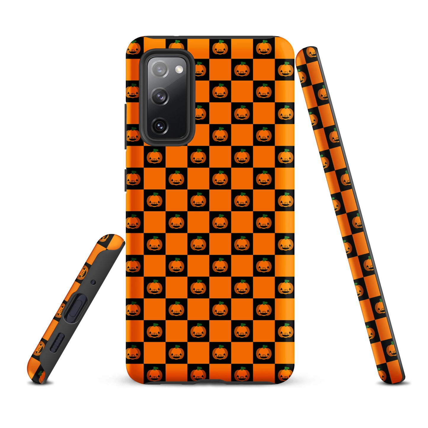 Phone Case for Samsung Galaxy with pumpkin checkered Halloween design featuring orange and black squares and jack-o’-lanterns.
